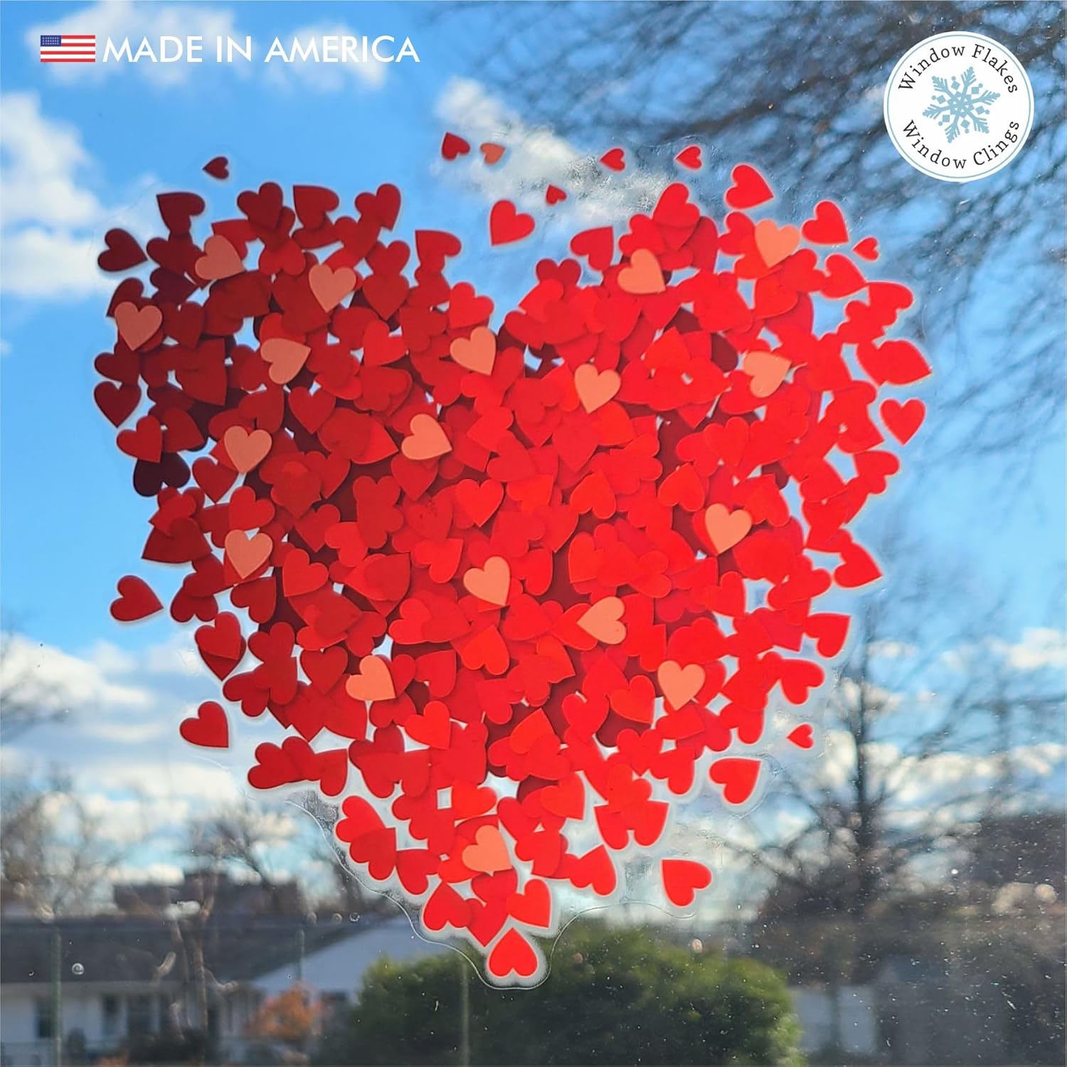 XL (47 Inch) Valentines Day Heart of Hearts Decal Decoration. Red Hues, Reusable, Double Sided, Window Cling for Glass. Made in America by Window Flakes.