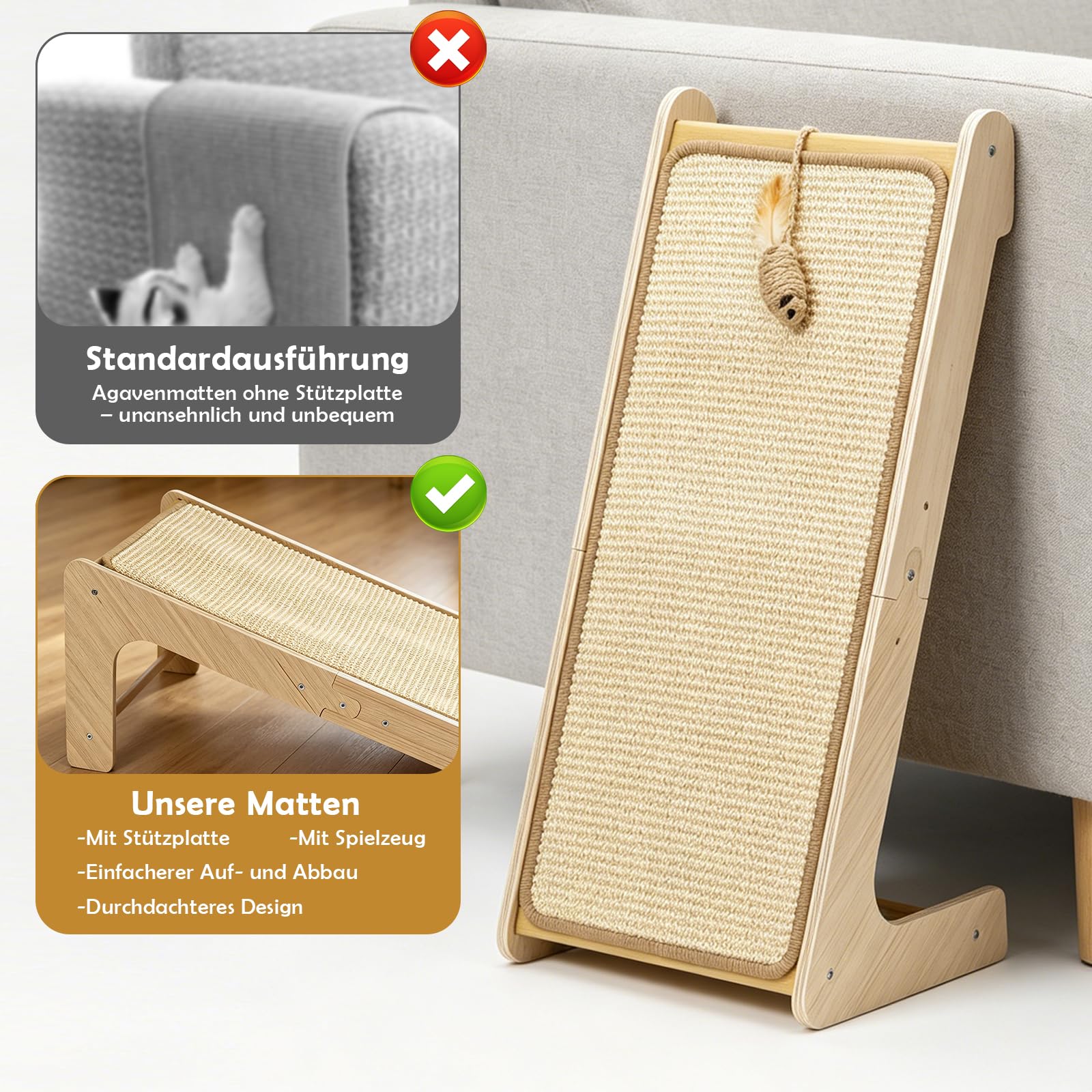 Dual-Use Kratzbrett Katze Sisal Kratzbretter L-förmiger Kratzpappe Groß 69cm Hohe Kratzpads für Wand, Ecke, Sofa, Mit Katzenspielzeug, Hochdichtes Verschleißfestes