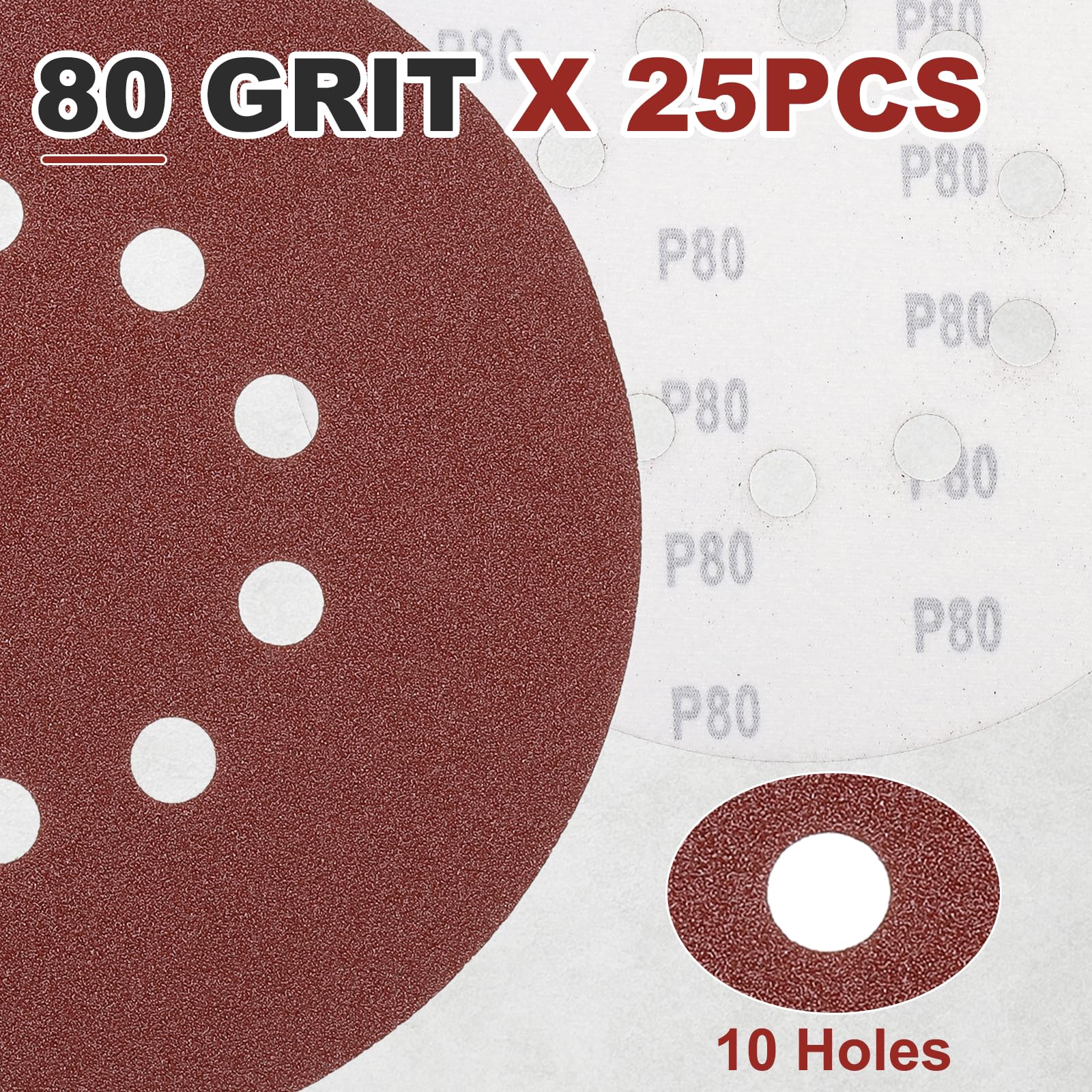 DTGN 25 Fogli Carta Vetrata 225mm Chiusura Strappo 10 Fori Grana 80 Rossa