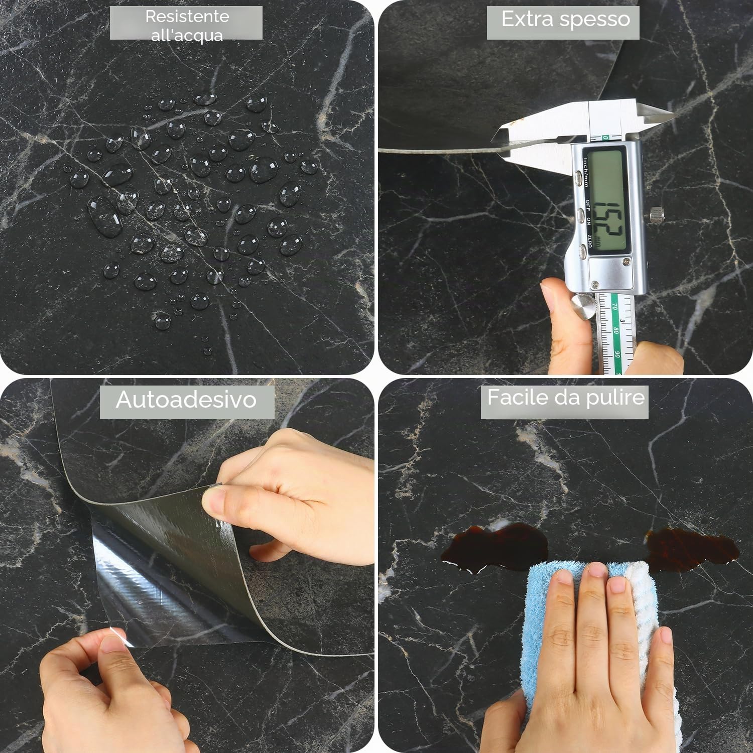 VEELIKE Piastrelle Adesive Cucina Marmo Nera Piastrelle Adesive Pavimento Bagno PVC Adesivo Pavimento Soggiorno Mattonelle Adesive Pavimento PVC Adesivo Effetto Marmo Spesso 1.5mm 60cm x 30cm 24 Pezzi