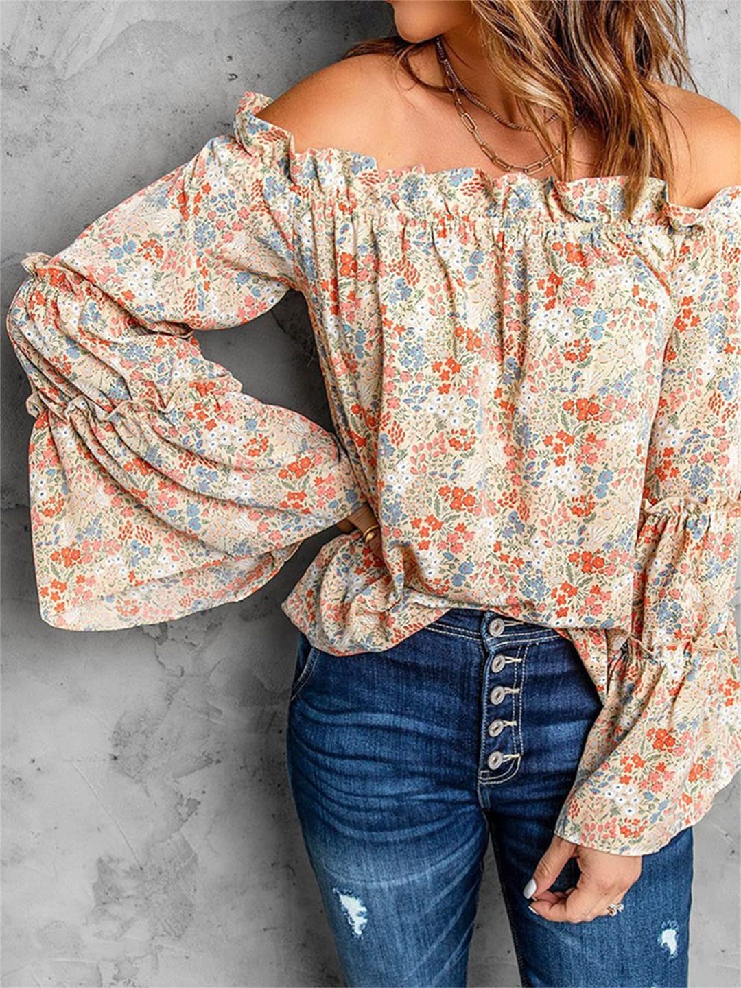 Camicetta in Chiffon con Maniche a Lanterna con Spalle Scoperte da Donna Top a Maniche Lunghe a Campana con Stampa Floreale Oversize