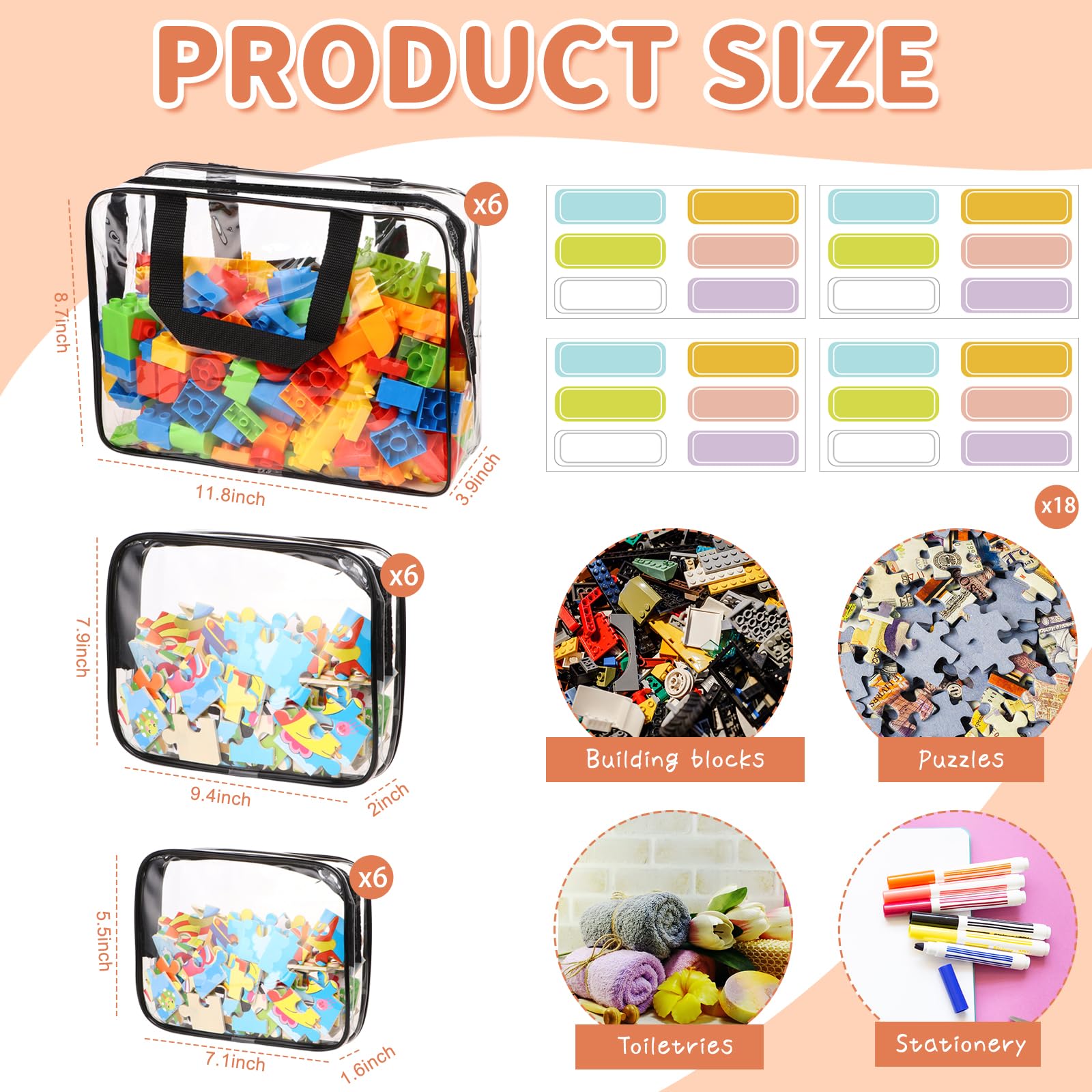 MBJZSL 18 Packs Large Toy Storage Bags with Labels, Clear PVC Bags Travel Waterproof Kids Toy Organizer Bags with Zipper for Building Blocks Puzzle Kids Books (Black)