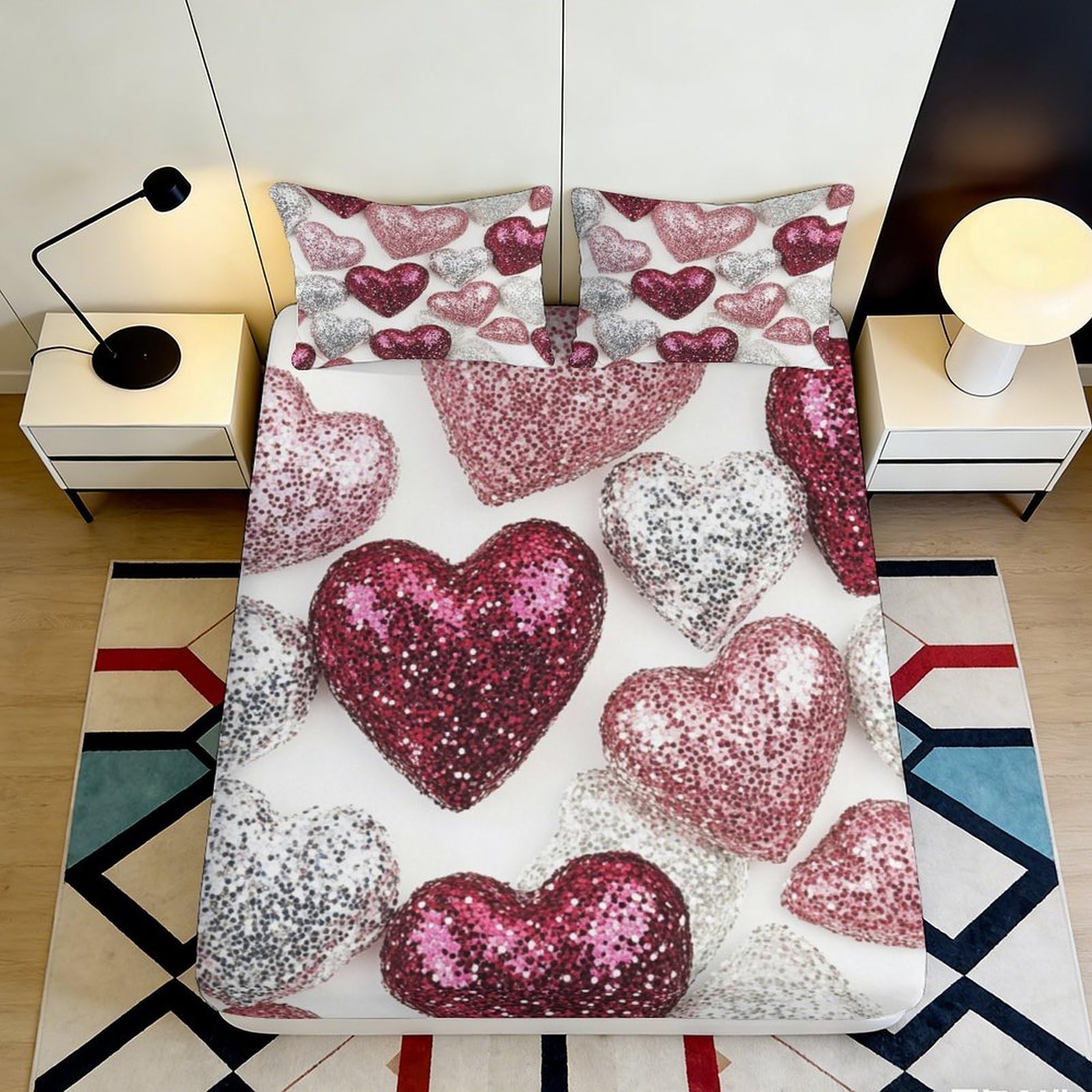 3D Printed Glitter Heart Fitted Sheet Microfiber Soft Breathable Sparkling Heart Mattress Cover for Bedroom Dormitory Guest Room Mattress Protection 200x200x25cm