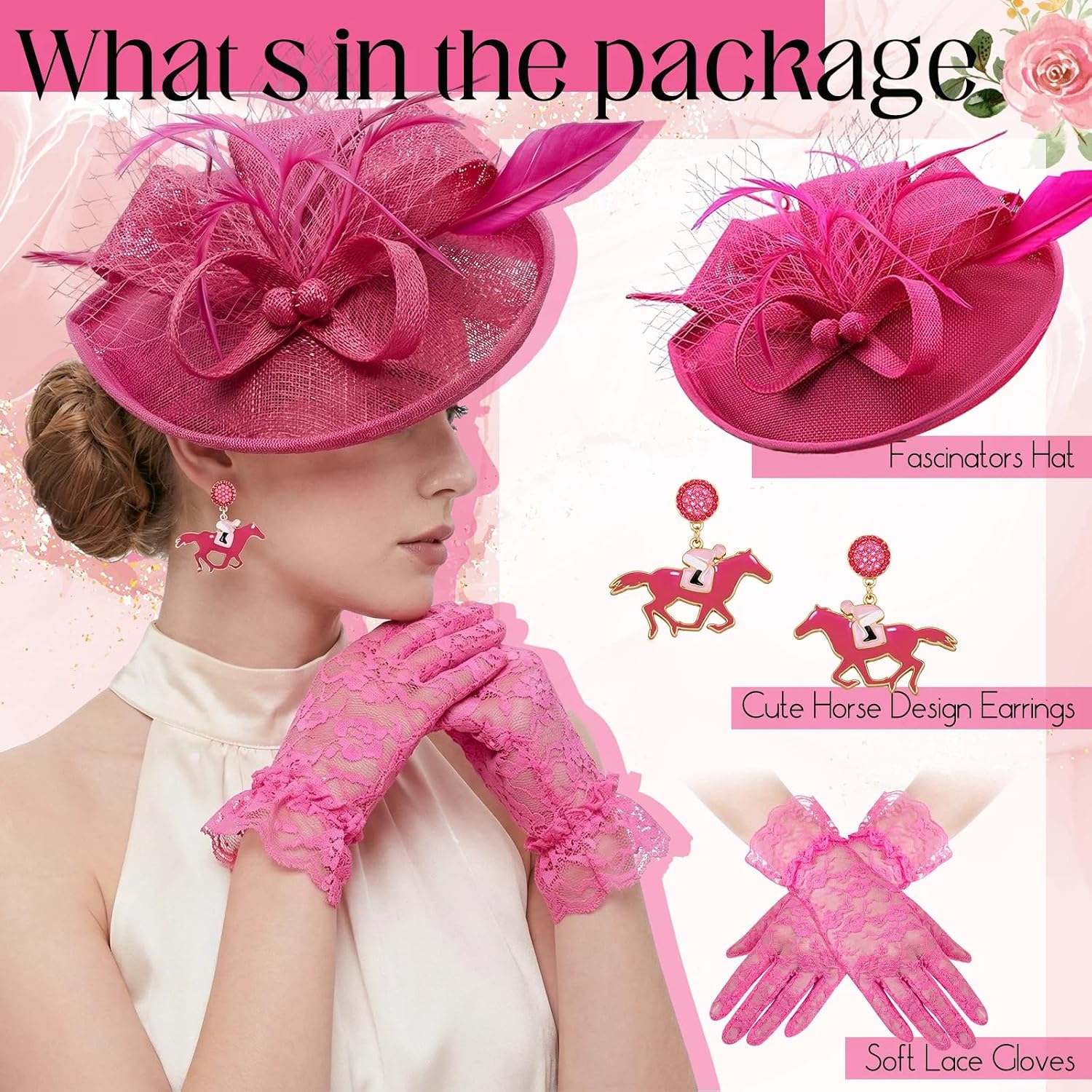 Tradder 3 Pcs Derby Outfits for Women Organza Fascinator Hat Beaded Derby Earrings Gloves Tea Party Outfit for Ladies