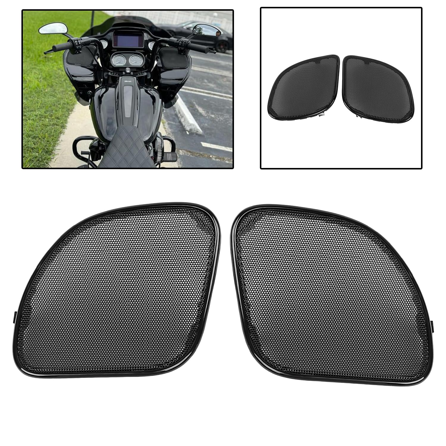 Moto Fairing Mesh Anteriore Altoparlante Griglie Copertura Altoparlante Griglie Trim per Harley Road Glide FLTRX FLTRK 2015-2023(Maglia nera + taglio nero)