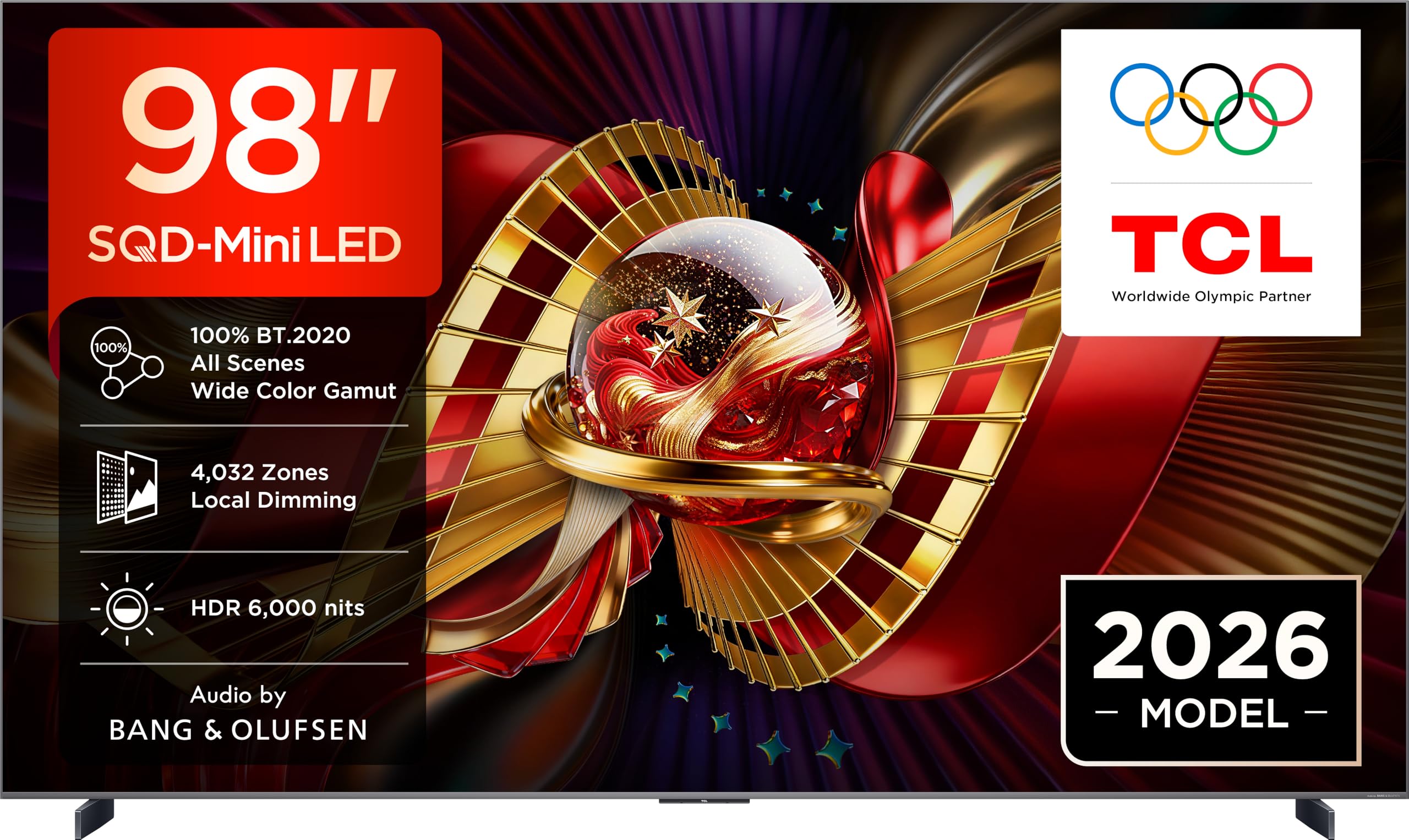 TCL 98C8L Téléviseur SQD-Mini LED 4K Smart TV, HDR 6000 nits, 4032 Local Dimming, 144 Hz Motion Clarity Pro, Bang & Olufsen, Dolby Vision IQ & Atmos, Game Master, Google TV, Apple AirPlay 2