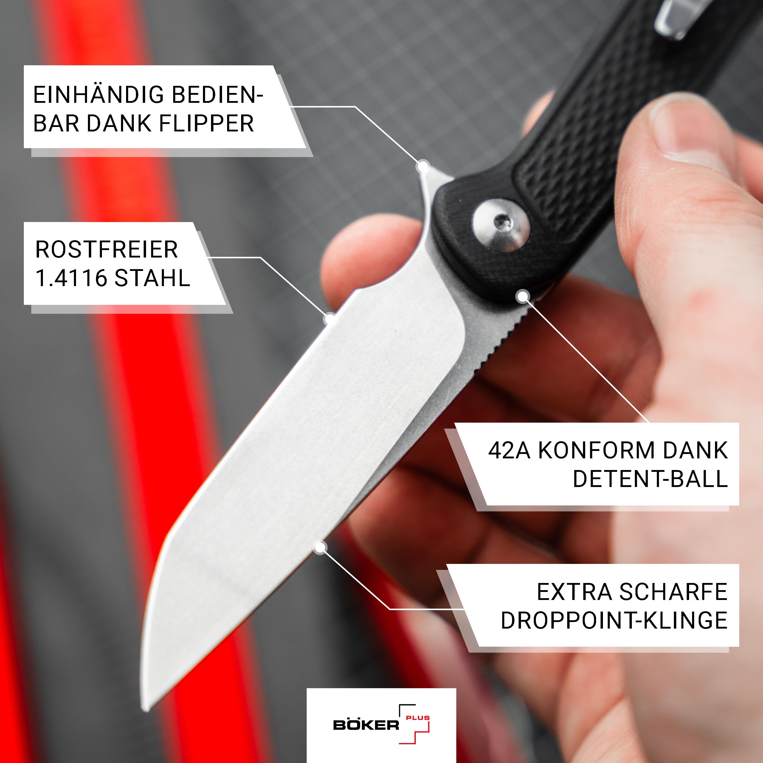 BÖKER PLUS Fire Ant Black - Premium Flipper Taschenmesser mit Detent Ball - leichtes Klappmesser 42a konform - EDC Messer mit Clip & Pinzette - Droppoint Faltmesser