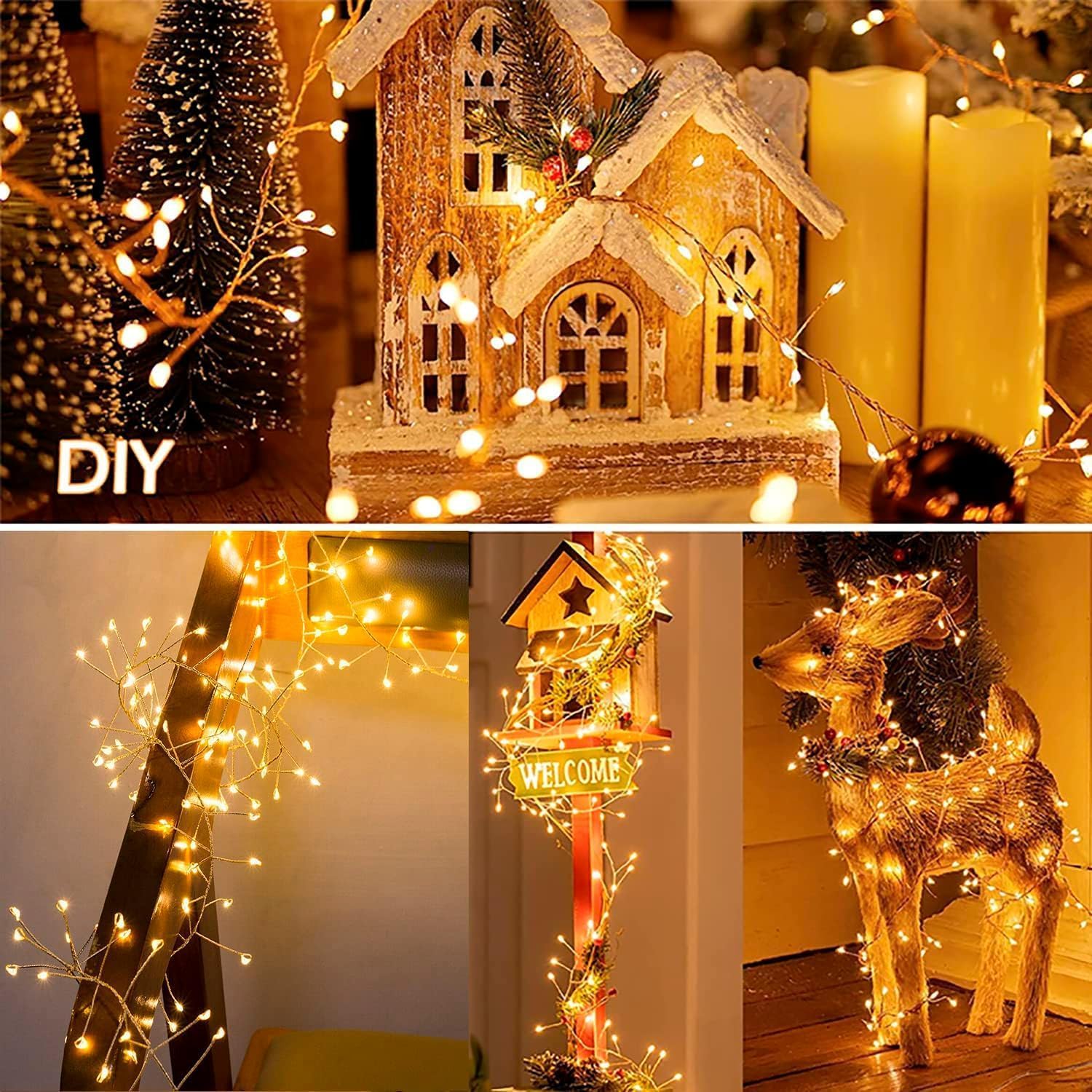Luces de red para exteriores, Luces de hadas alambre cobre Firecrackers 9 m, 300 LED, multicolor, operadas por USB, 8 modos(Warm White)