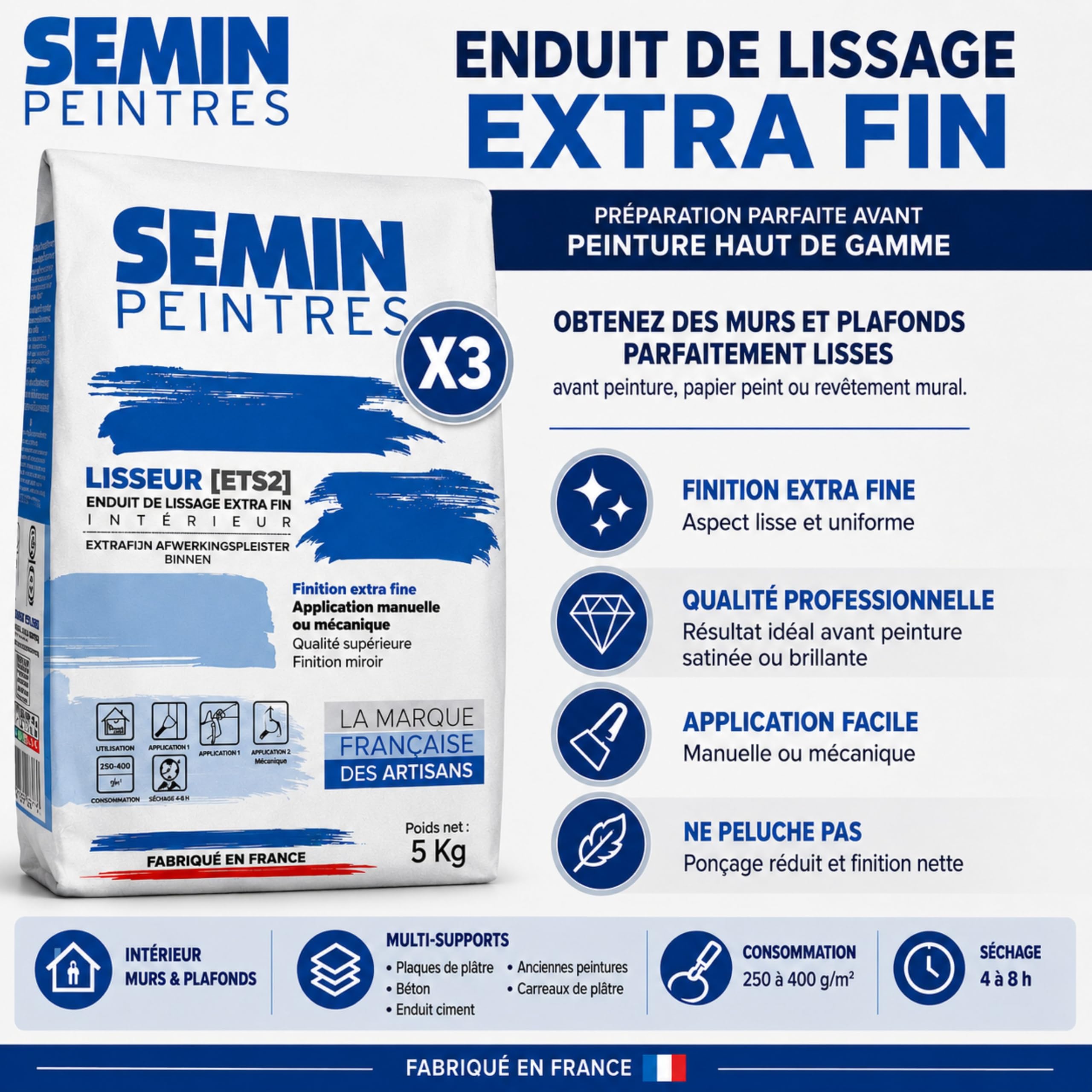 SEMIN LISSEUR Enduit de Lissage Extra Fin en Poudre 5 kg – Finition Murs et Plafonds Intérieur – Avant Peinture et Papier Peint - Fabriqué en France -Lot de 3