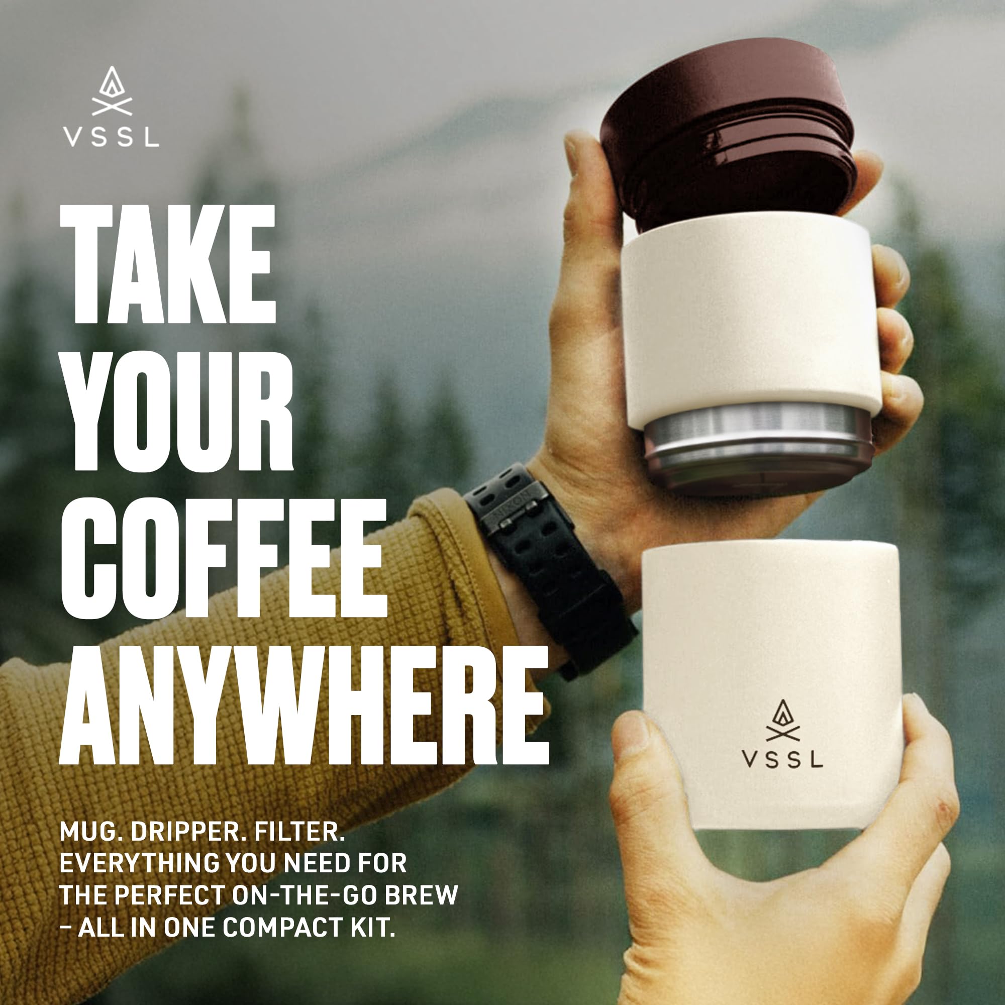 VSSL Nest Pour Over - Set da caffè, trasportabile e compatto, con tazza a doppia parete da 295 ml, colore: panna