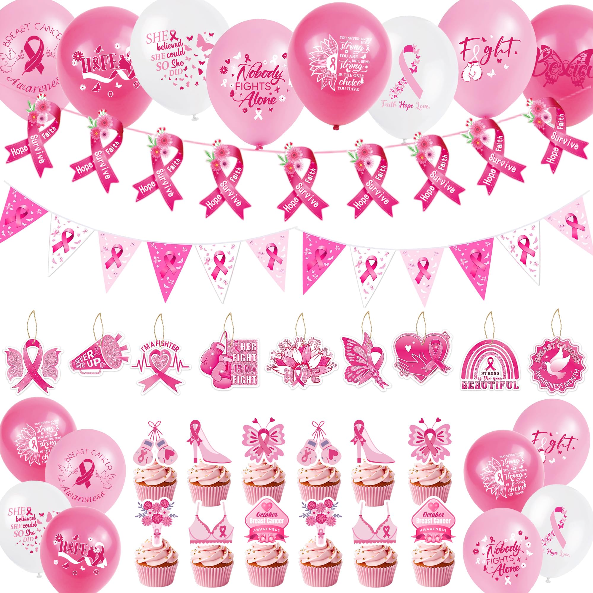 Breast Cancer Awareness Accessories Decor,38Pcs Pink Ribbon Decorations Set