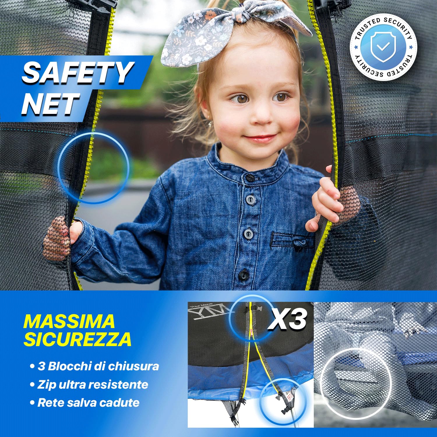 YM Trampolino Elastico per Bambini, Diametro 183/251/305/366, Kit Completo, per Giardino, Tappeto Sicuro con Protezione Bordi in Schiuma e Rete di Sicurezza, Tubi Telaio in Acciaio Zincato, Your Move