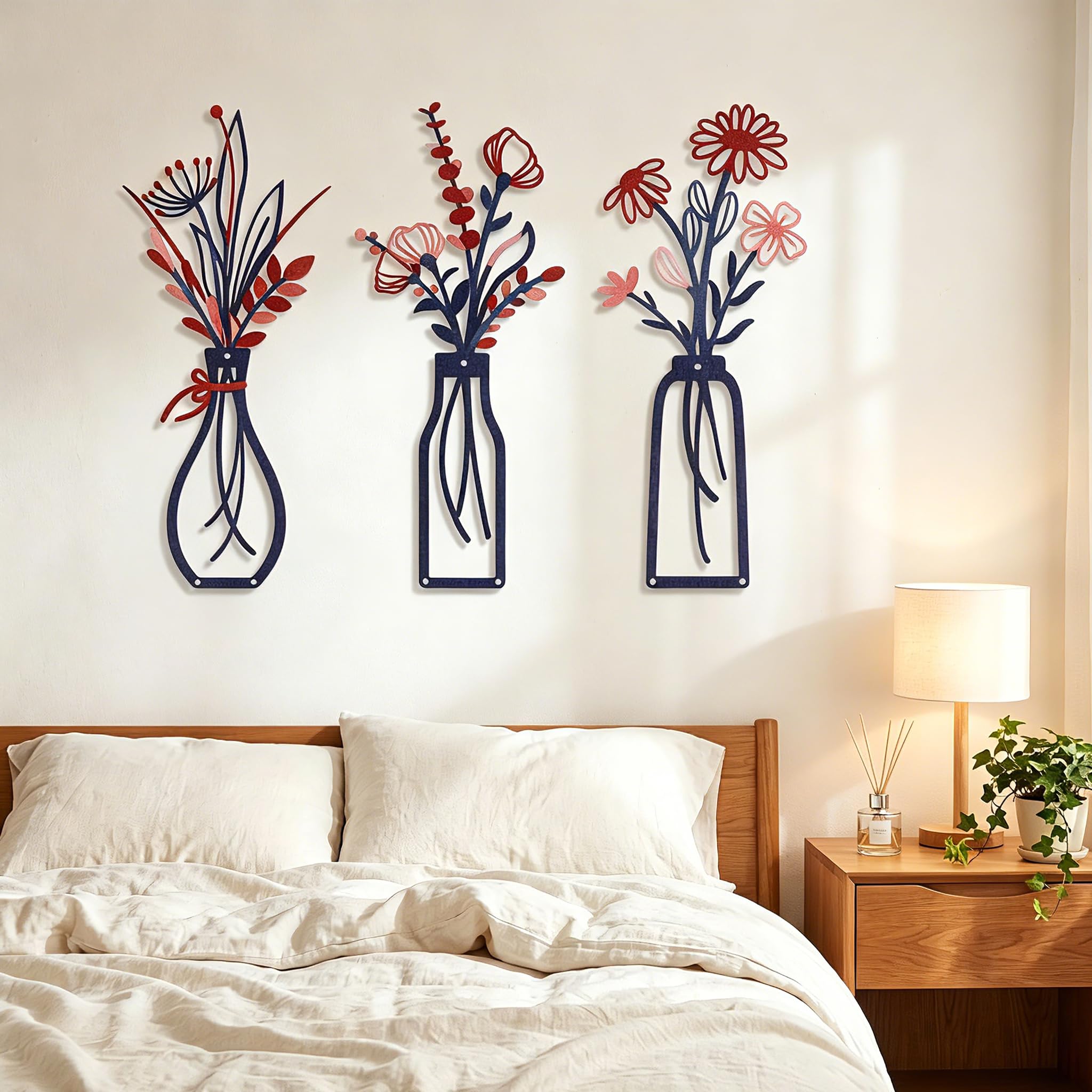 HUASUN Metal Floral Wall Art, Set of 3 Rustic Boho Farmhouse Hanging Sculptures, Modern Home Decor for Living Room, Bedroom, Kitchen (Blue)