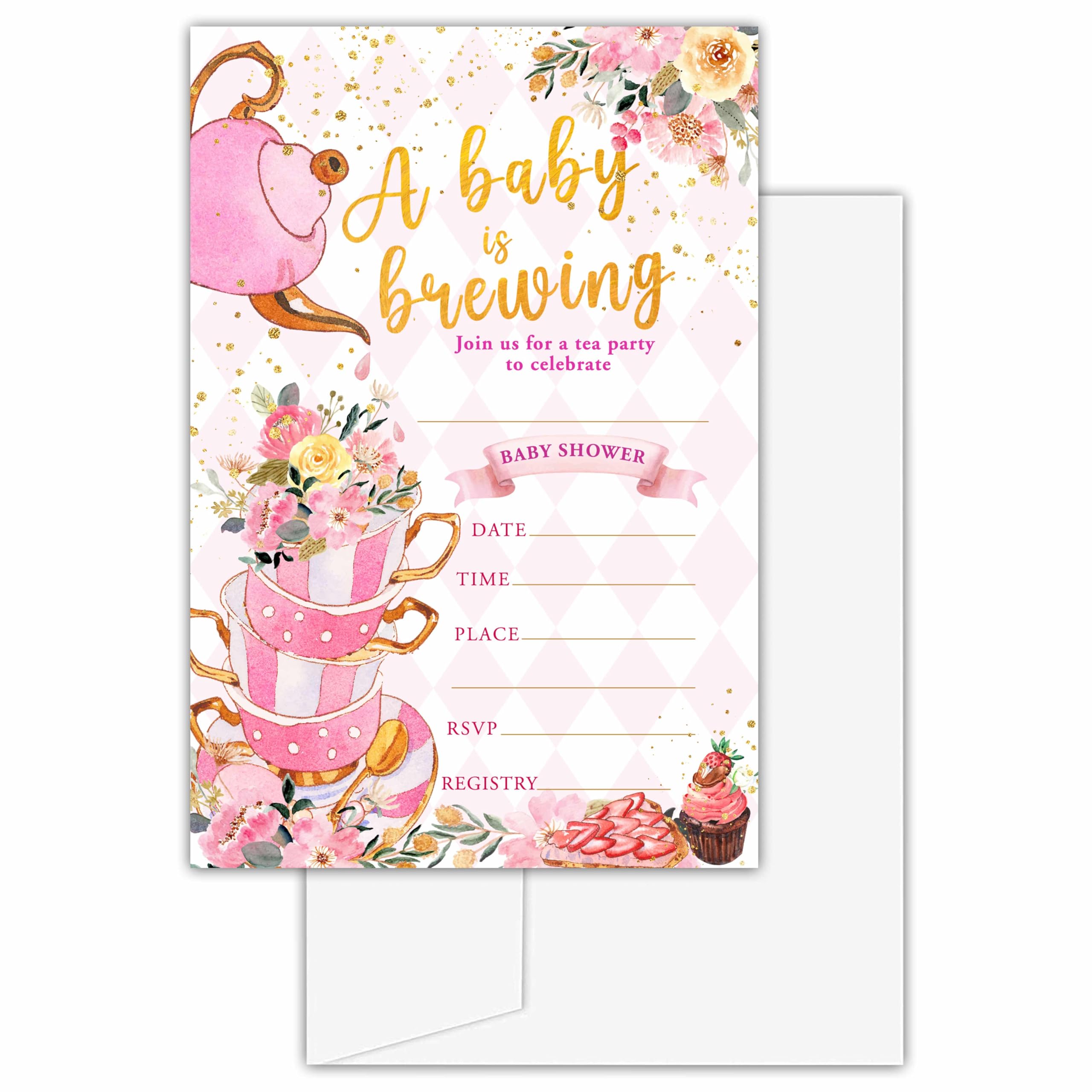 Gihyan Floral Tea Party Gender Reveal Invitations with Envelopes - A Baby is Brewing Baby Shower Fill-in Invites for Girls - Blush Pink Floral Gender