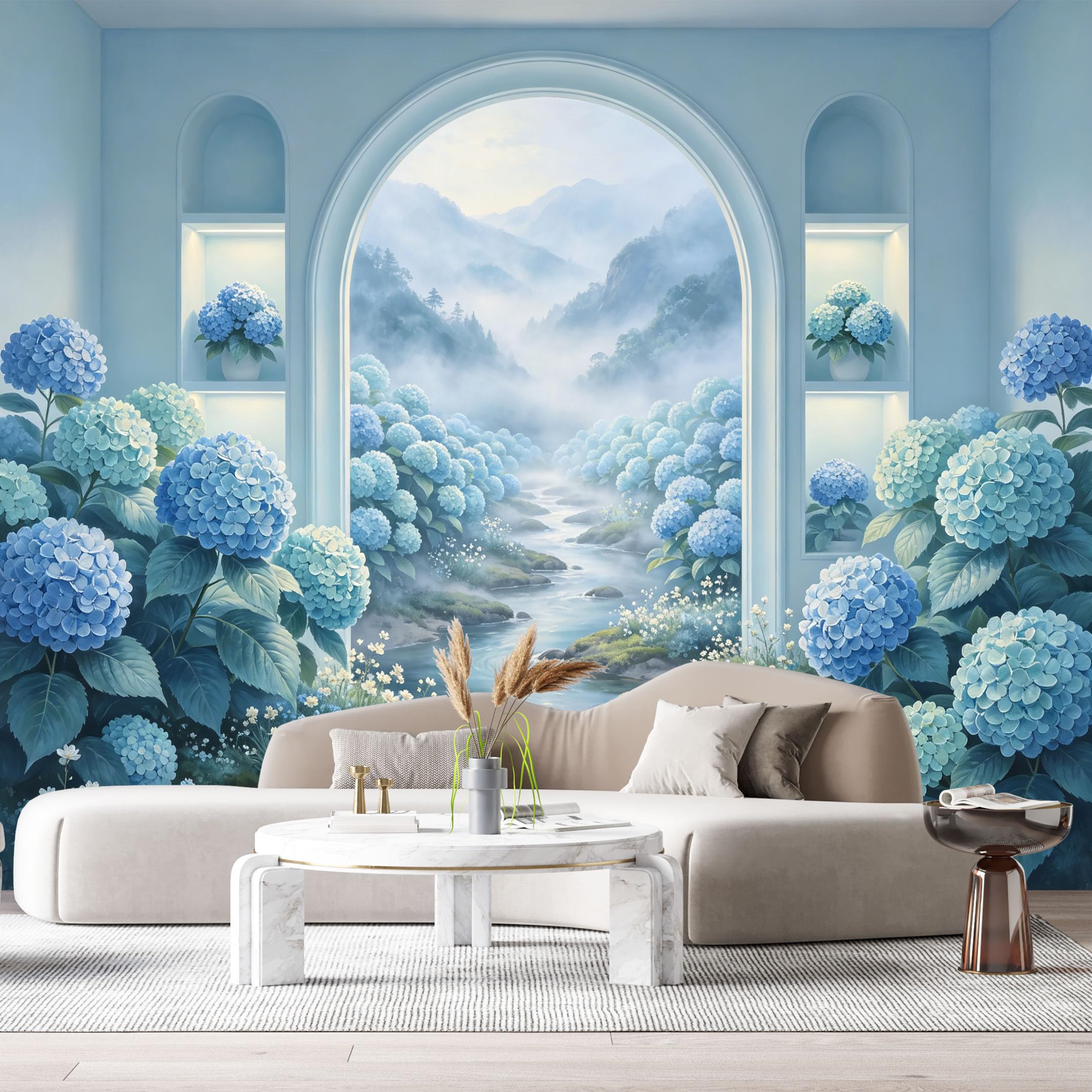Custom Size Wall Mural Blue Hydrangea Mountain Lake Landscape 3D Trompe L'Oeil SelfAdhesiveWall Fabric Removable Wallpaper Wall Decor for Living Room Bedroom Bathroom