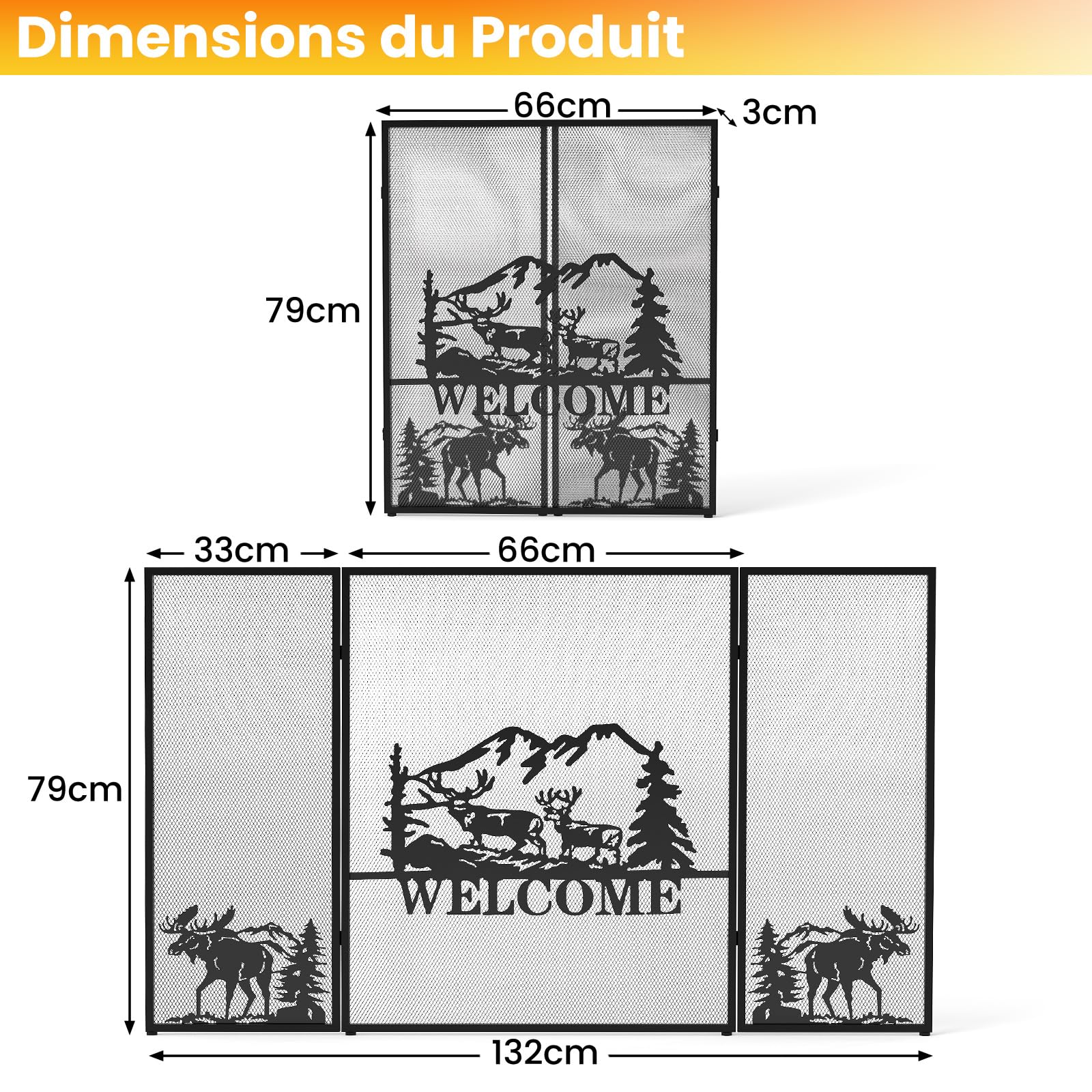 GOPLUS Pare Feu Cheminée Pliable 3 Panneaux en Fer, Écran de Cheminée Pare-Étincelles Pliable pour Décoration de Salon, Grille de Protection pour Cheminée Autoportante (Bienvenu, 132x79CM)