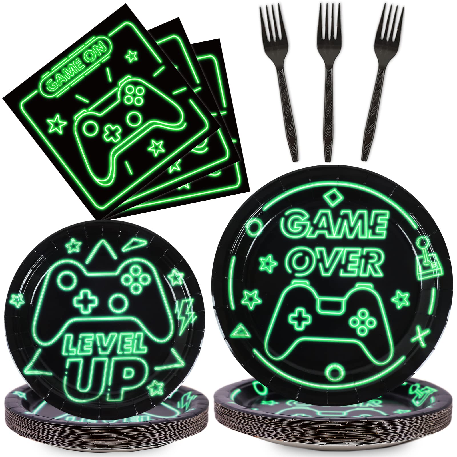 96pcs Video Game Party Supplies Tableware Set Neon Game On Paper Plates and Napkins Green Gaming Birthday Party Decorations Favors for Boys Kids Gamer