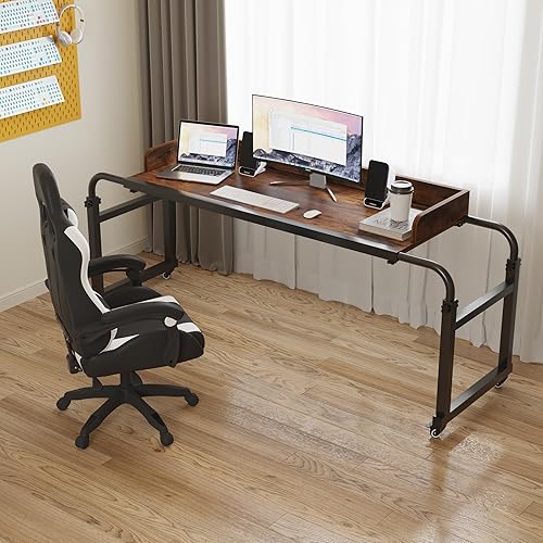 Miniatura 3 de TigerDad Mesa de cama con ruedas, estilo moderno, marrón, 55.1-82.7x25.6x18.1 pulgadas, capacidad de peso de 350 libras