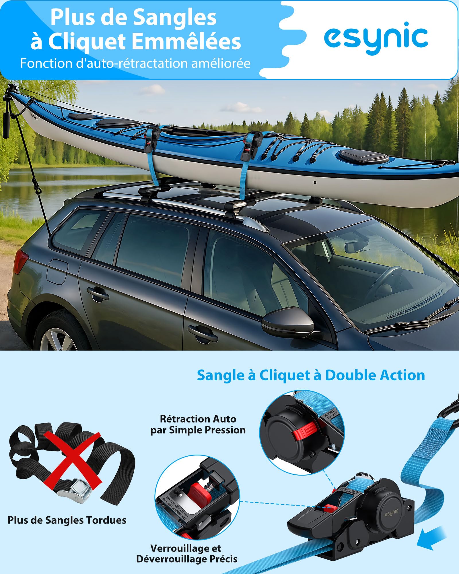 eSynic 4pcs Sangle à Cliquet avec Crochets en S 3,5m×25mm Traction 320kg | Force de Rupture 640kg, Crochets S Robustes, Rétraction Automatique, Certification GS CE UKCA, Transport Sécurisé