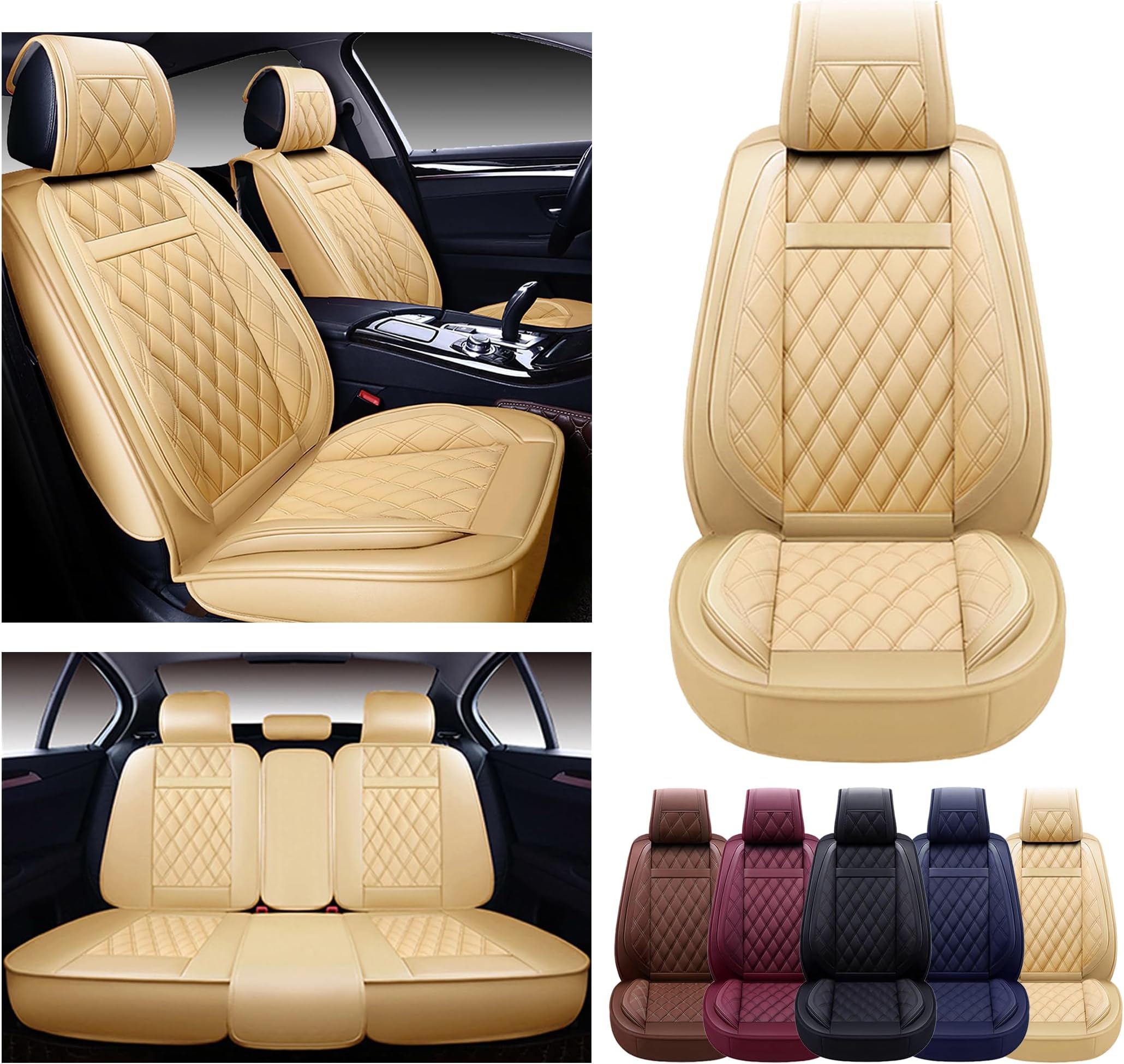 OASIS AUTO Car Seat Covers Premium Waterproof Faux Leather Cushion Universal Accessories Fit SUV Truck Sedan Automotive Vehicle Auto Interior Protector Full Set (OS-009 Tan)