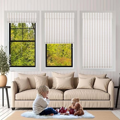 Miniatura 5 de Persianas romanas de bambú inalámbricas para ventanas, persianas de madera tejida natural color blanco concha marina con cenefa de 6 pulgadas de