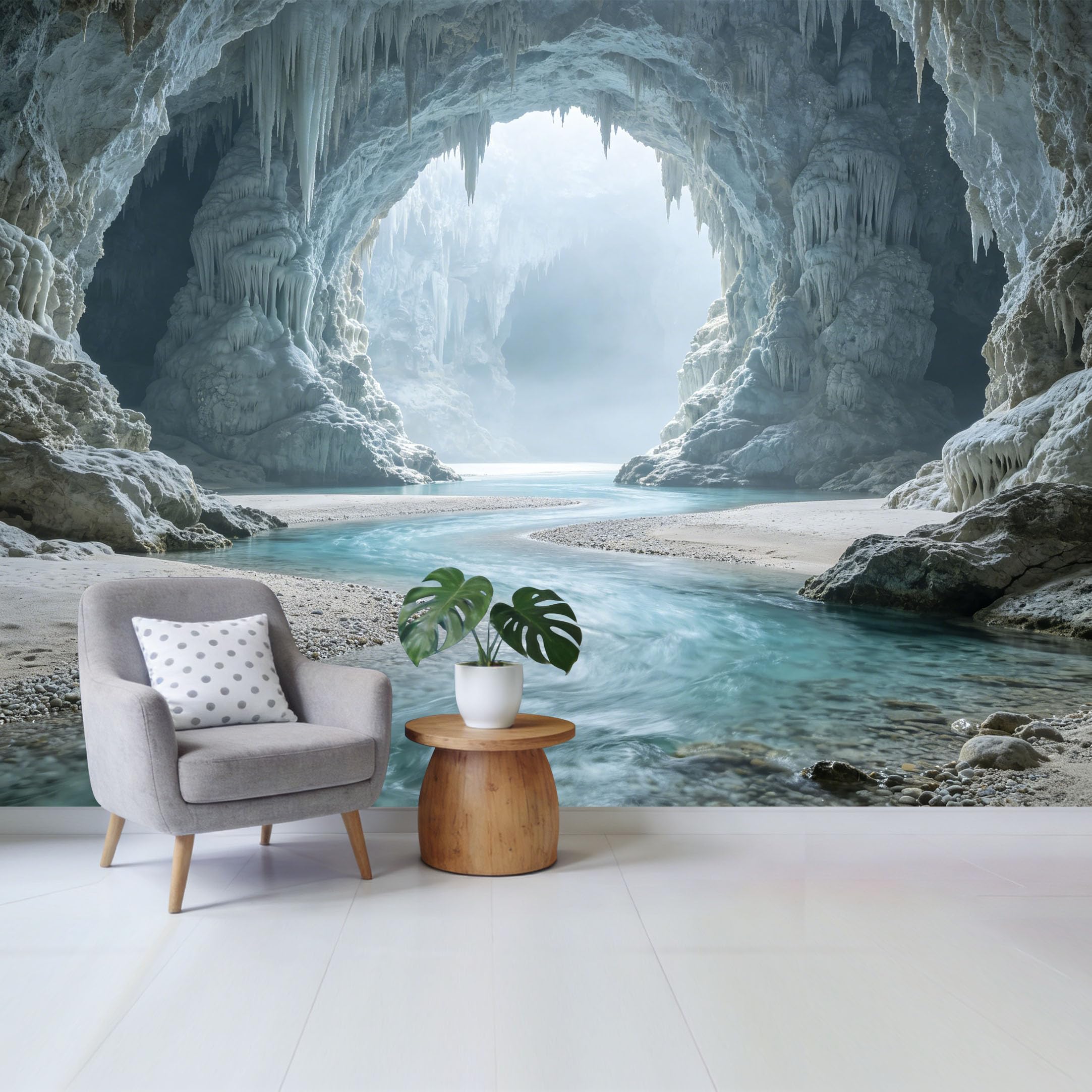 Custom Size Wall Mural Frozen Cave Landscape with Crystal Blue River and Ice Formations Removable Self Adhesive Fabric Home Wall Decor for Living Room Bedroom Bathroom
