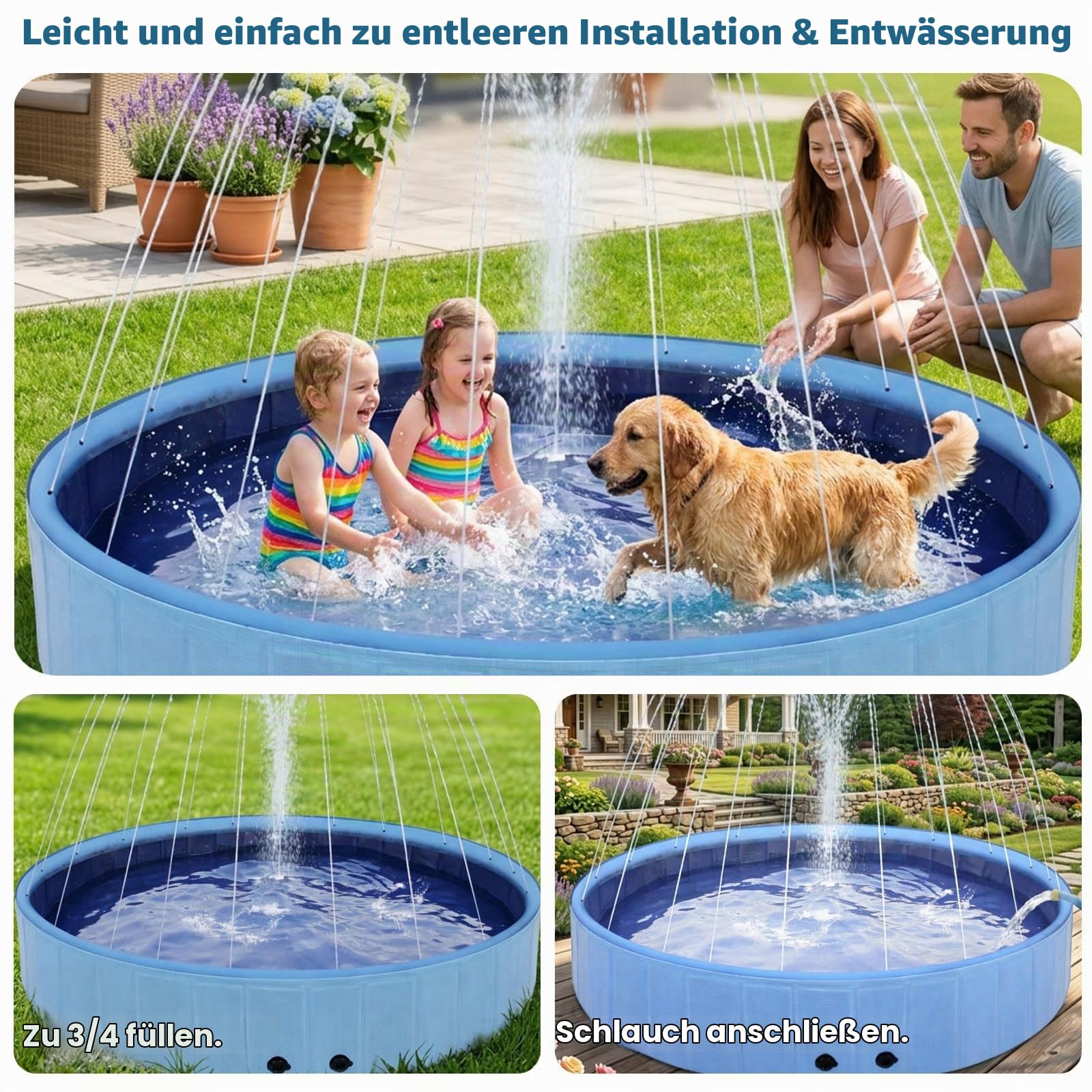 Eooqi Faltbarer Hundepool mit Sprinkler 246 cm, rutschfest & Stabil, 2-in-1 Planschbecken für Haustiere & Kinder, Outdoor Wasserspiel Pool für Garten, Blau