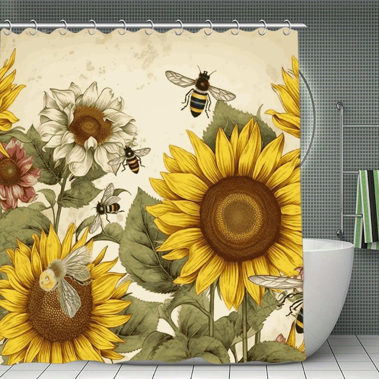JTREHY Bees Sunflowers Daisy Rose Flowers Shower Curtain Waterproof Bathroom Shower Curtain Machine Washable Bath Curtains Polyester Cloth Bath Curtains for Bathroom Showers 70.8×70.8Inch