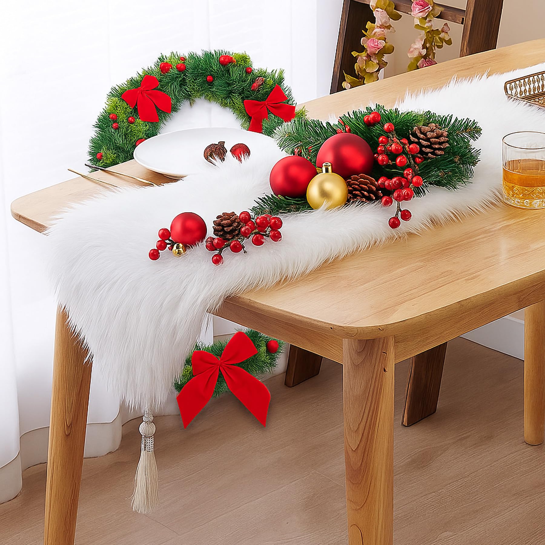 Fei1213　A885★逸品‼️クリスマス‼️テーブルランナー2m4cm Amazon｜バレンタインデーテーブルランナー ホワイト タッセル付き