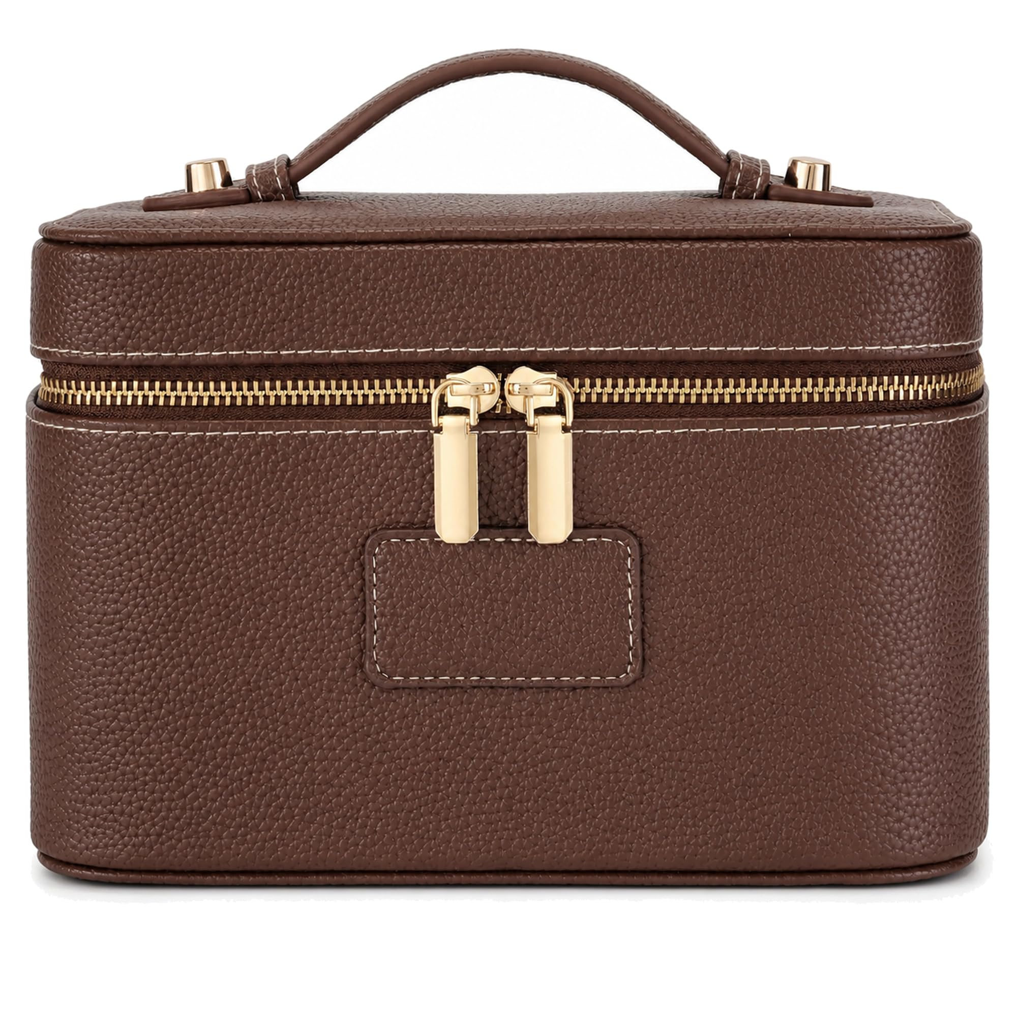 Makeup Bag Travel Toiletry Leather Cosmetic Case, Waterproof Makeup Organizer with Brush Holder, Wipe Clean Removable Divider Vanity Train Bag for Women, Brown Coffe