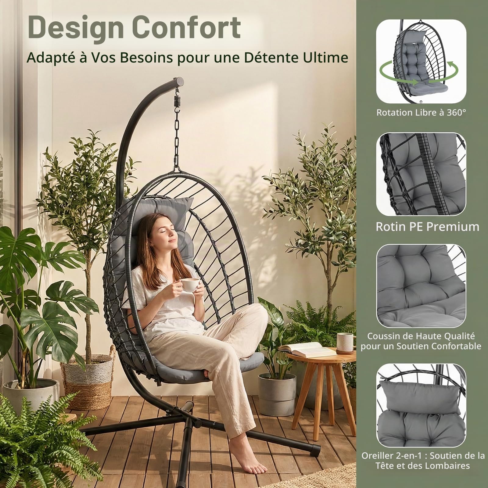 LIFERUN Fauteuil suspendu avec cadre - Pliable - Avec coussin - Pour l'intérieur et l'extérieur - Balançoire pour adultes et enfants - Pour jardin, terrasse, balcon, salon - Charge maximale : 160 kg