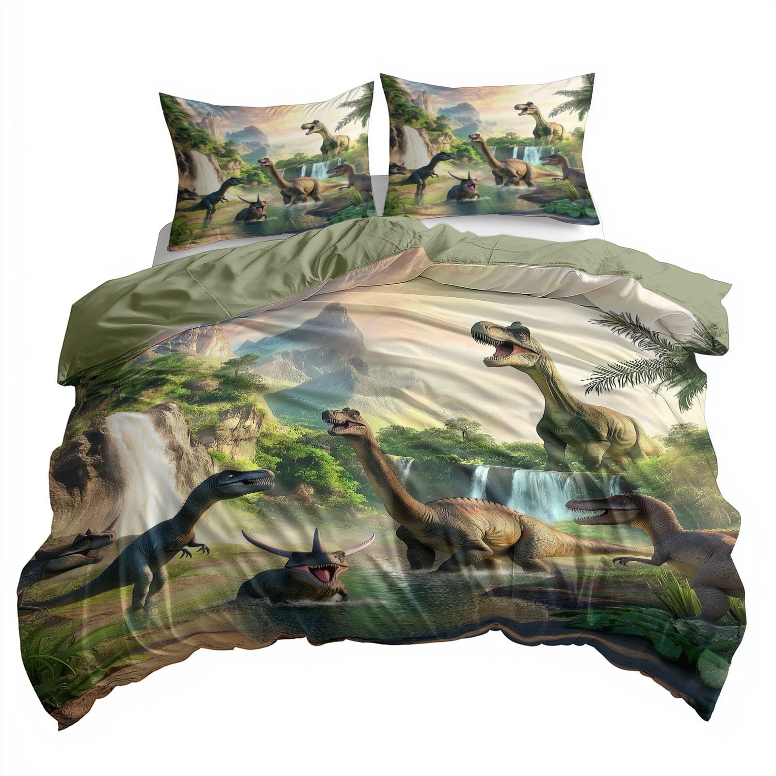 Dinosaure Dessin Animé Housse de Couette 1 Personnes 140 x 200 cm pour Ado Fille Enfants, Cascade Forêt Parures de Lit Hypoallergique en Microfibre avec Fermeture Éclair et 2 Taies d'oreiller