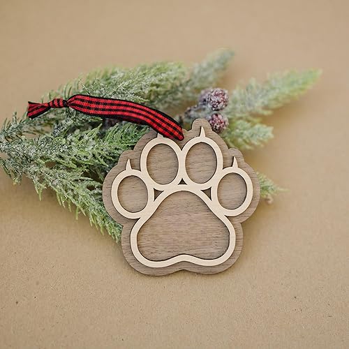 Miniatura 7 de Woodlander Workshop - Adorno de recuerdo de Navidad con estampado de patas, impresión de perro y gato, decoración colgante de madera, memorial para