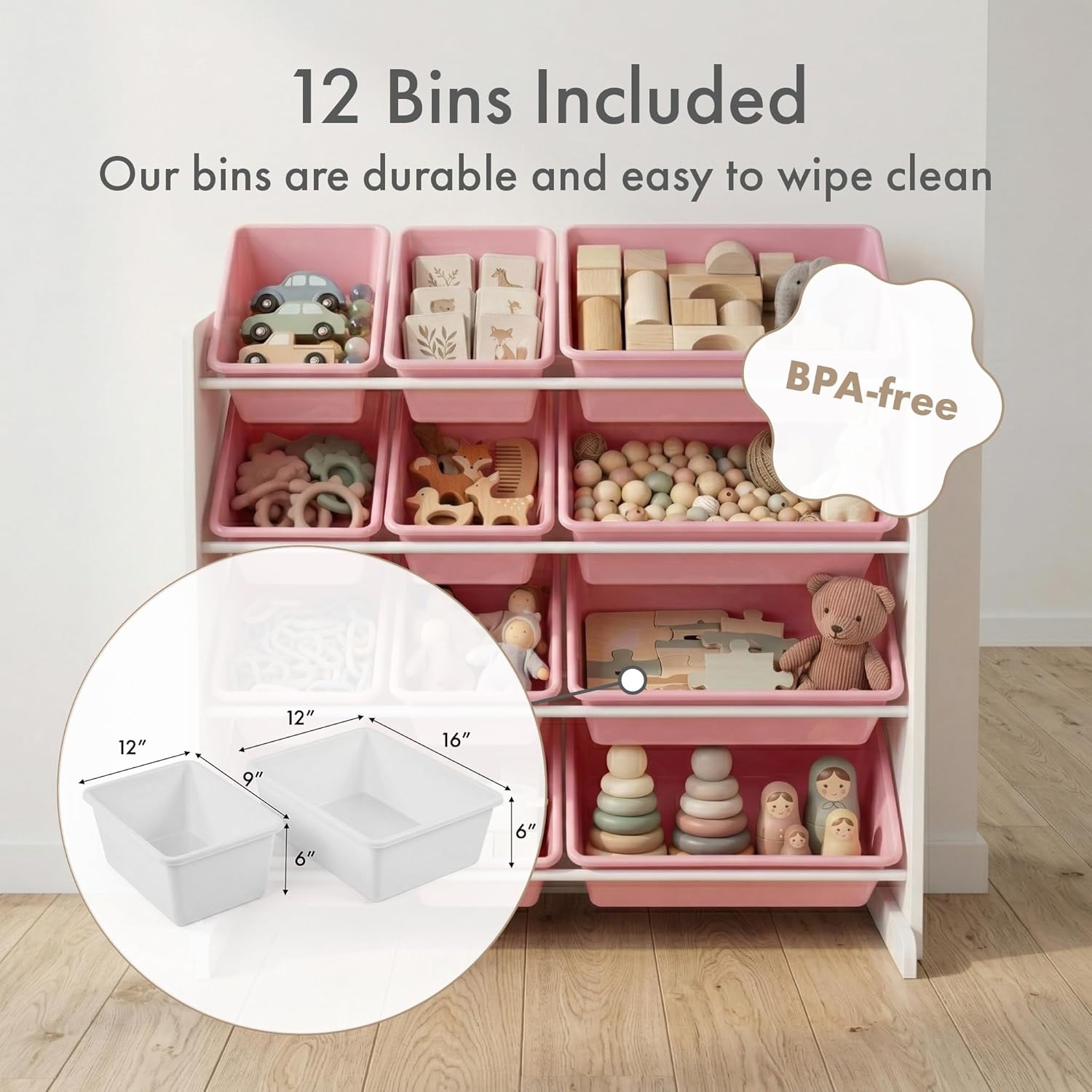 Humble Crew Kids Toy Storage Organizer with 12 Plastic Bins, White/Pink – Removable Bins for Playroom, Bedroom, Toddler Furniture for Boys and Girls Ages