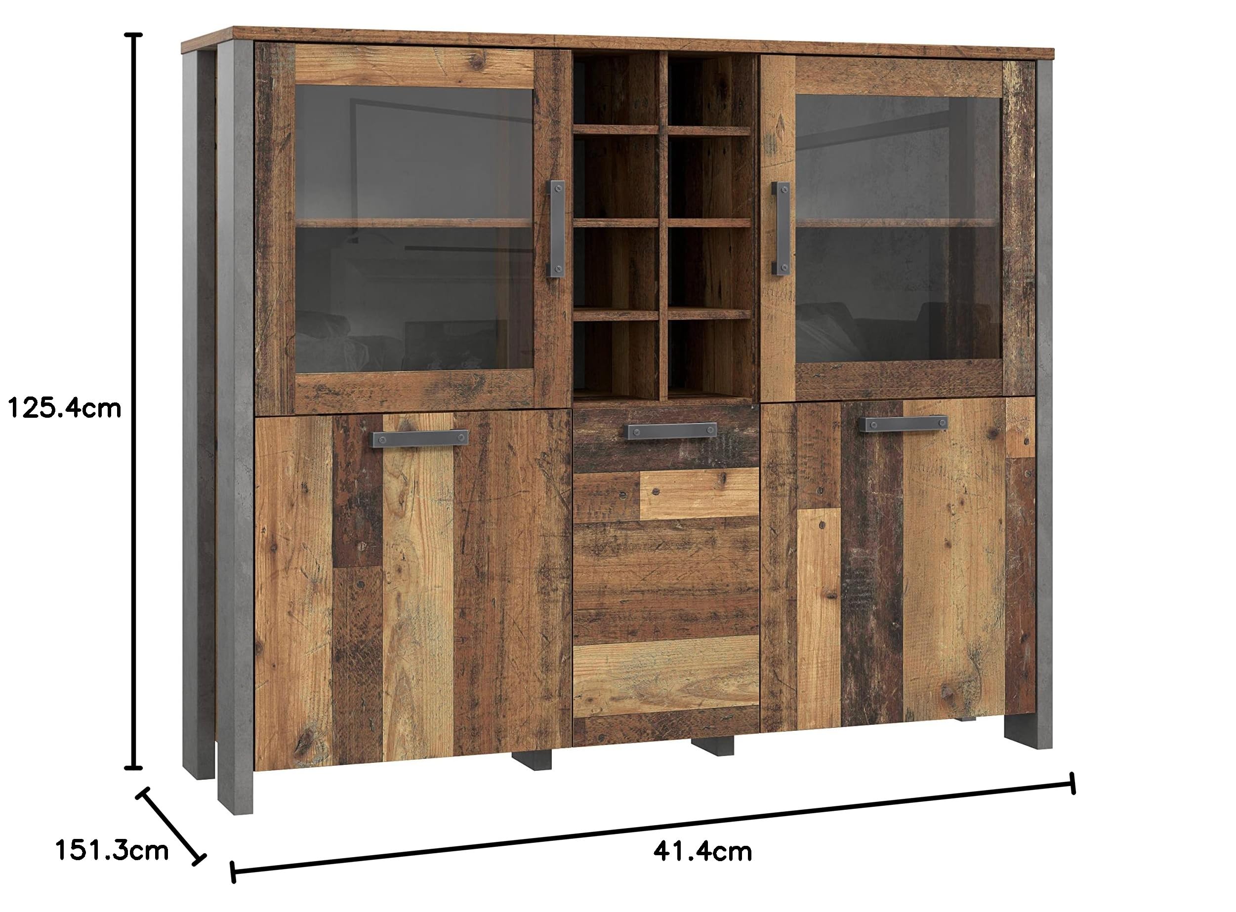 FORTE Clif Highboardvitrine mit 3 Türen unf 2 Glastüren, Holzwerkstoff, Old –Wood Vintage/ Betonoptik Dunkelgrau, 151,3 x 125,4 x 41,5 cm
