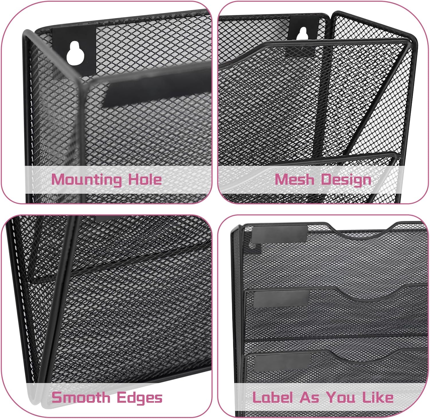 5 Pockets Mesh Wall File Holder Organizer Office Hanging File Folder Magazine Rack, Nametag Label Hooks Set Included (Black)