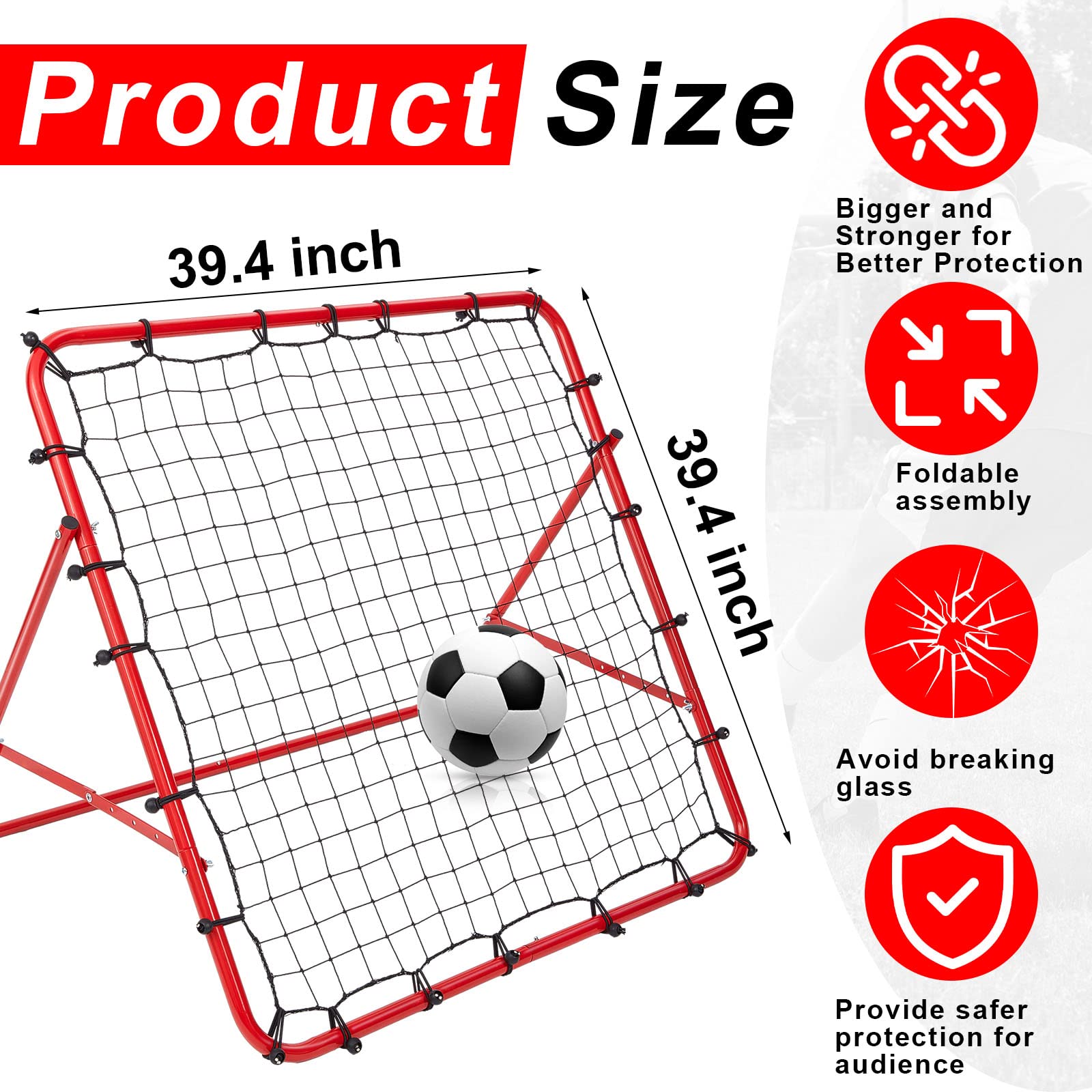 Rete da rimbalzo per calcio, 39,4 x 39,4'', pieghevole, per allenamento, rete da rimbalzo, obiettivo, rete da rimbalzo, regolabile, facile da installare, telaio in ferro, rete da rimbalzo per calci