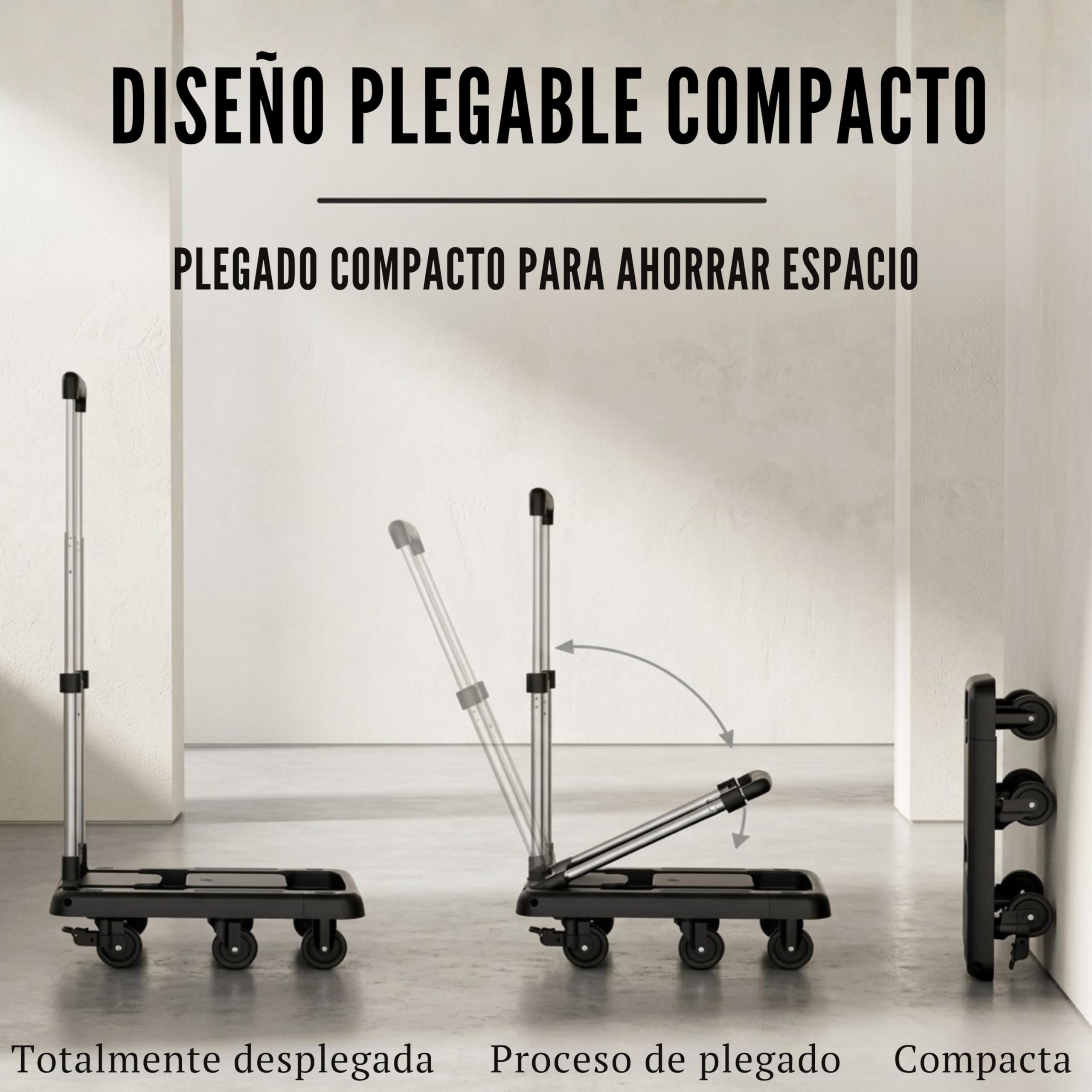 Carretilla Plegable hasta 100kg con 6 Ruedas de Goma con Freno, Carro de Transporte Plegable Extensible 60x30 cm, Mango Telescópico Ajustable, Plataforma Compacta para Mudanzas, Compras o Trabajo