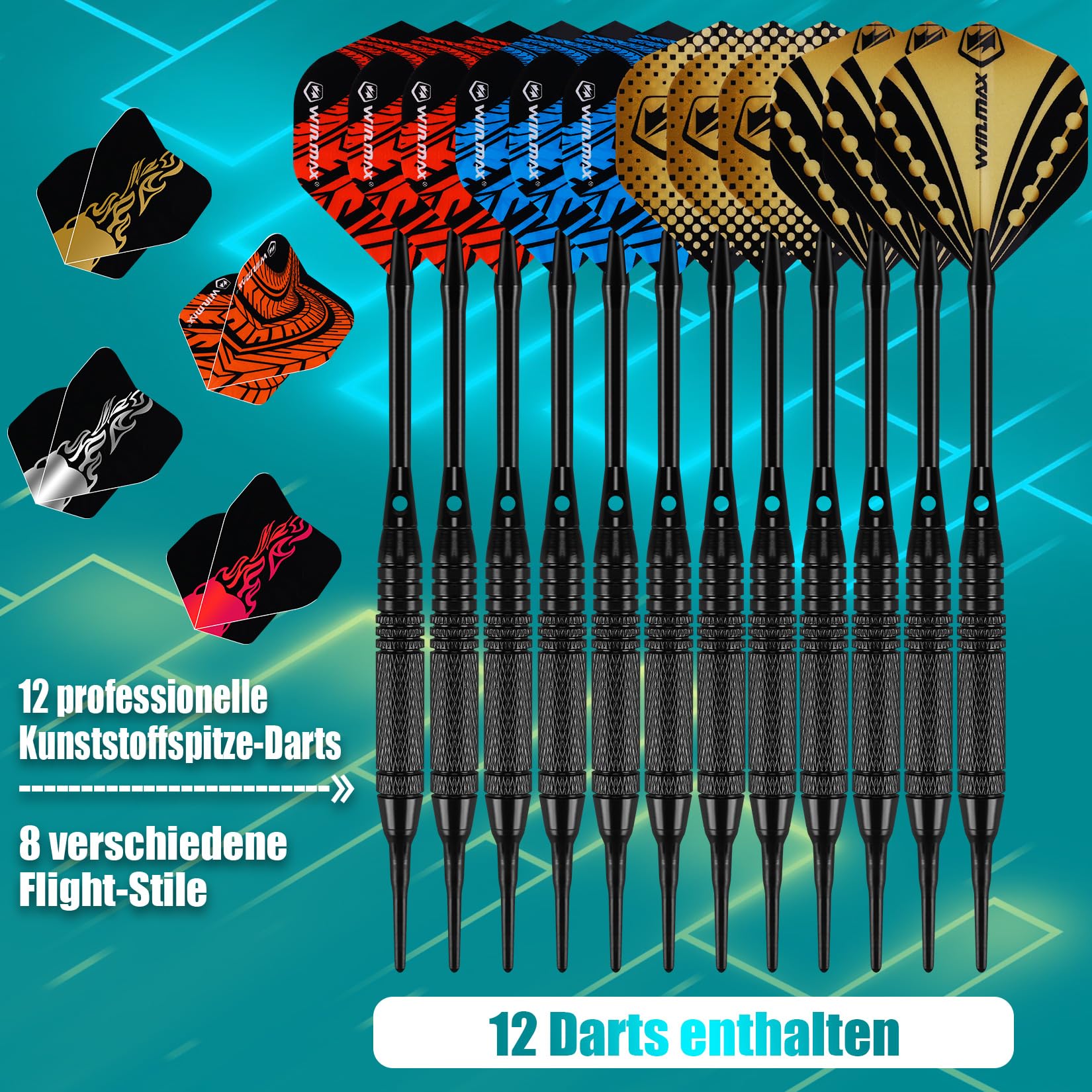 WIN.MAX Elektronische Dartscheibe Profi Set mit Laser Throw/Toe Line Marker mit Deutsche Stimme-Geeignet für Batterien/Adapter für 1 bis 8 Spieler mit 12 Darts