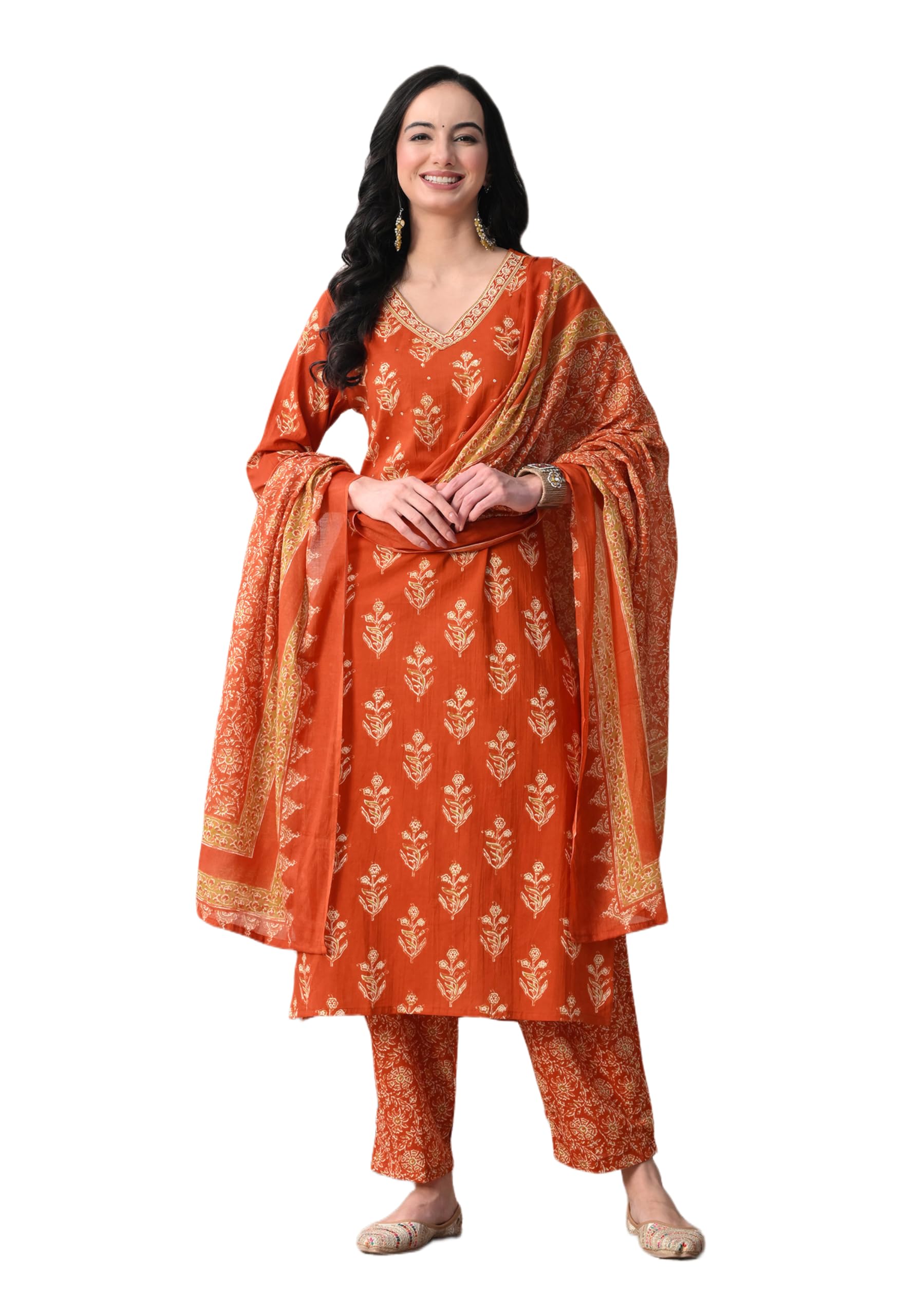Women Floral Printed Sequined Cotton Straight Kurta With Palazzos & Dupatta | Sanganeri Print