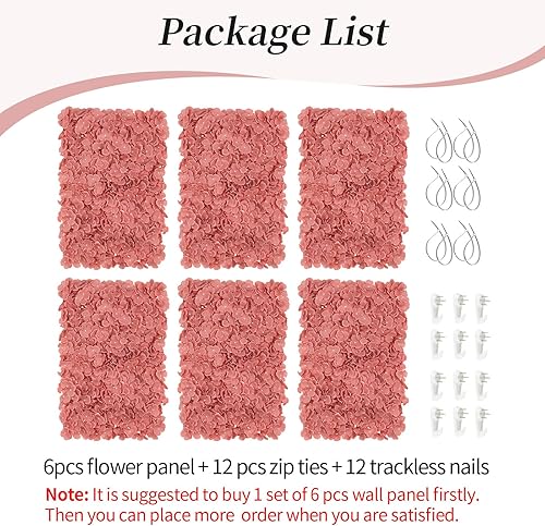 Miniatura 6 de Decoración de fondo de panel de pared de flores fondo floral artificial de rosa polvorienta Blosmon para bodas, fiestas, baby shower, 6 piezas de