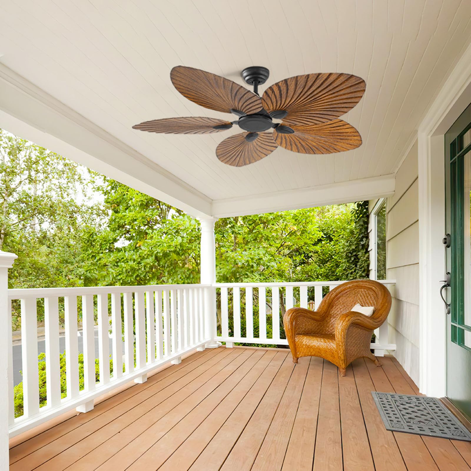 Ventiladores Tropicales Hoja De Palma, Ventilador Techo Exterior Tropical 52 Pulgadas Sin Luz, 5 Cuchillas Motor Tranquilo Reversible, Grano Madera para El Porche Patios 52''