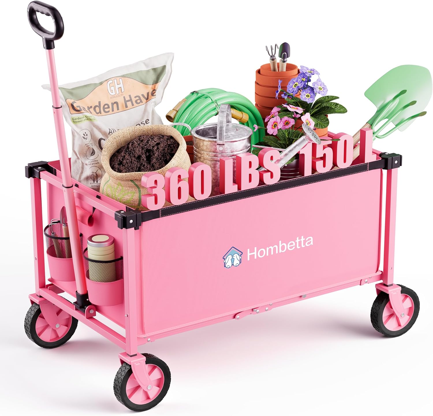 Collapsible Wagon Cart with Wheels, 150L Lightweight Foldable Utility Cart, Portable Rolling Wagon for Garden, Shopping, Sports, Camping, Transport, Pink