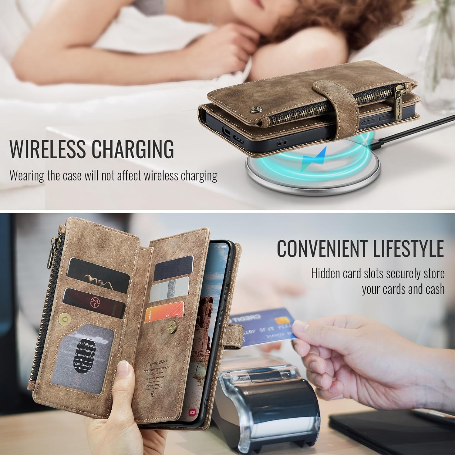 Compatible with Samsung Galaxy S25 Wallet Case,with Card Holder Kickstand Magnetic Zipper Pocket Lanyard Strap Wristlet,Leather Flip Case Wallet for Samsung Galaxy S25 5G 6.2 Inch(Brown)