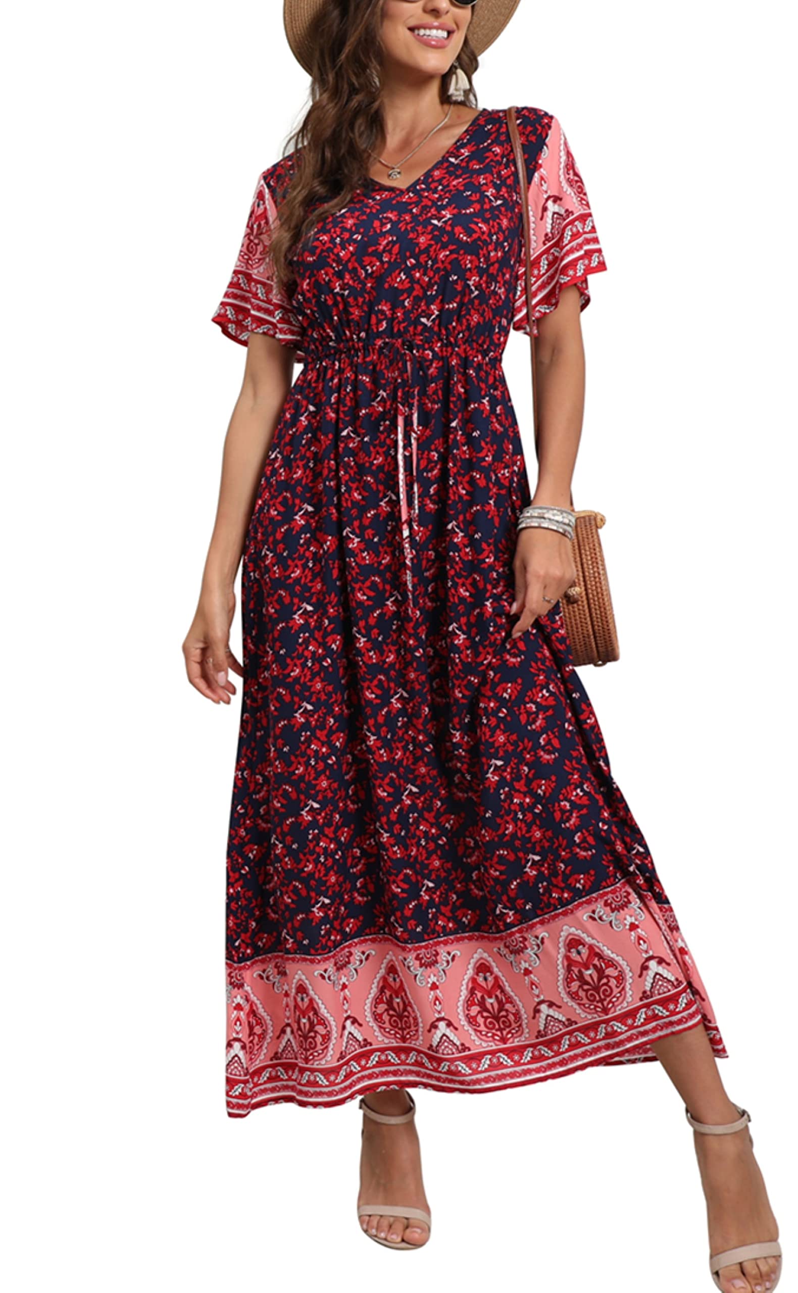 GRECERELLEWomens Summer Maxi Boho Beach Dress Floral Print Dress V Neck Short Sleeve Drawstring High Waist Flowy Long Midi Dresses