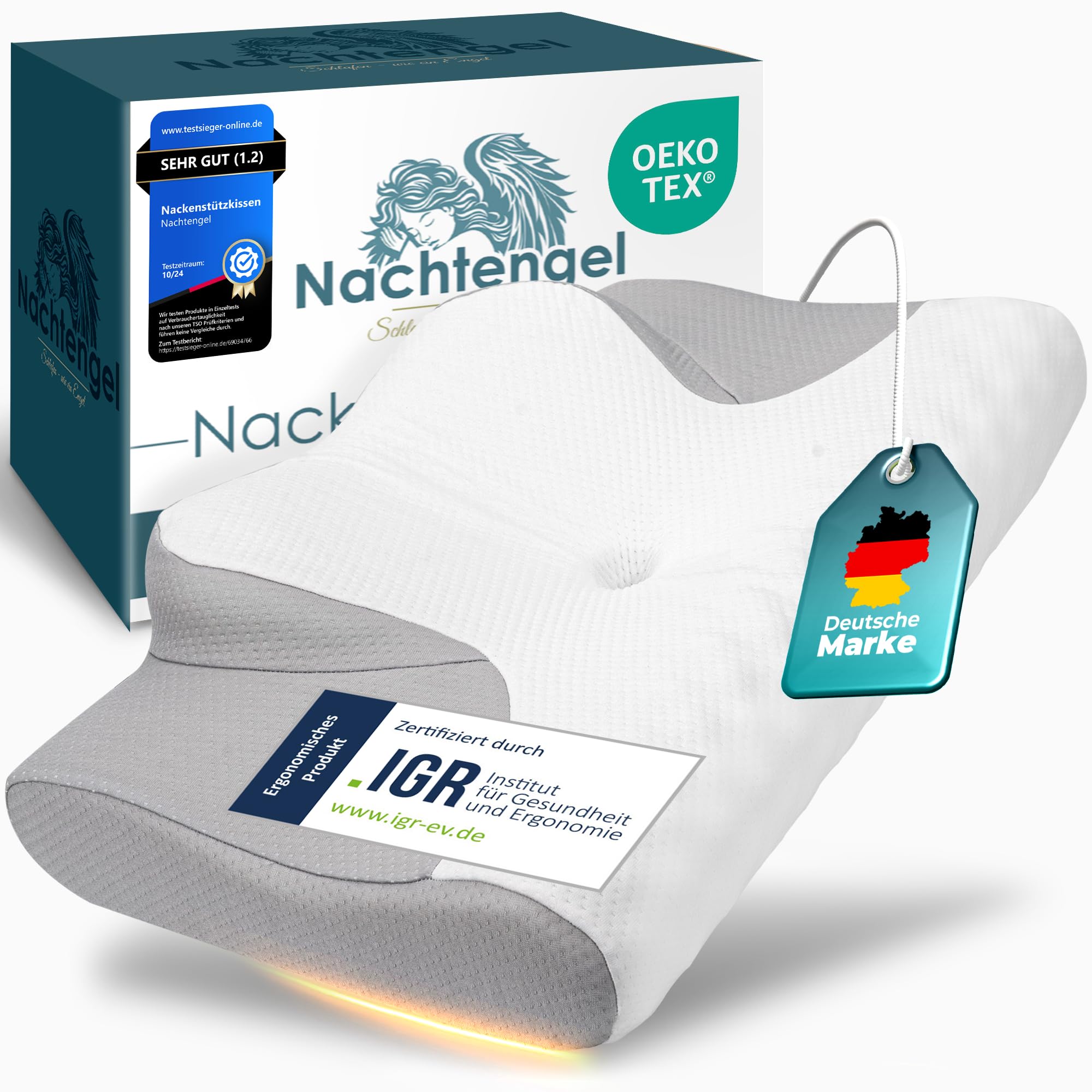 Nachtengel ORTHOPÄDISCHES Kissen AUS Memory Foam – Ergonomisches Kopfkissen zur Entlastung bei Nackenschmerzen, IGR-Zertifiziert – Nackenkissen für Rücken-, Bauch- & Seitenschläfer