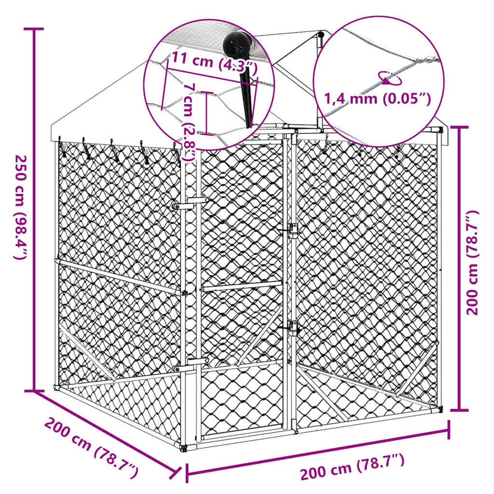 Gecheer Outdoor-Hundezwinger mit Dach Silber 2x2x2,5 m Verzinkter Stahl, Hundezwinger Freilaufgehege für große Hunde Garten Camping Outdoor153675