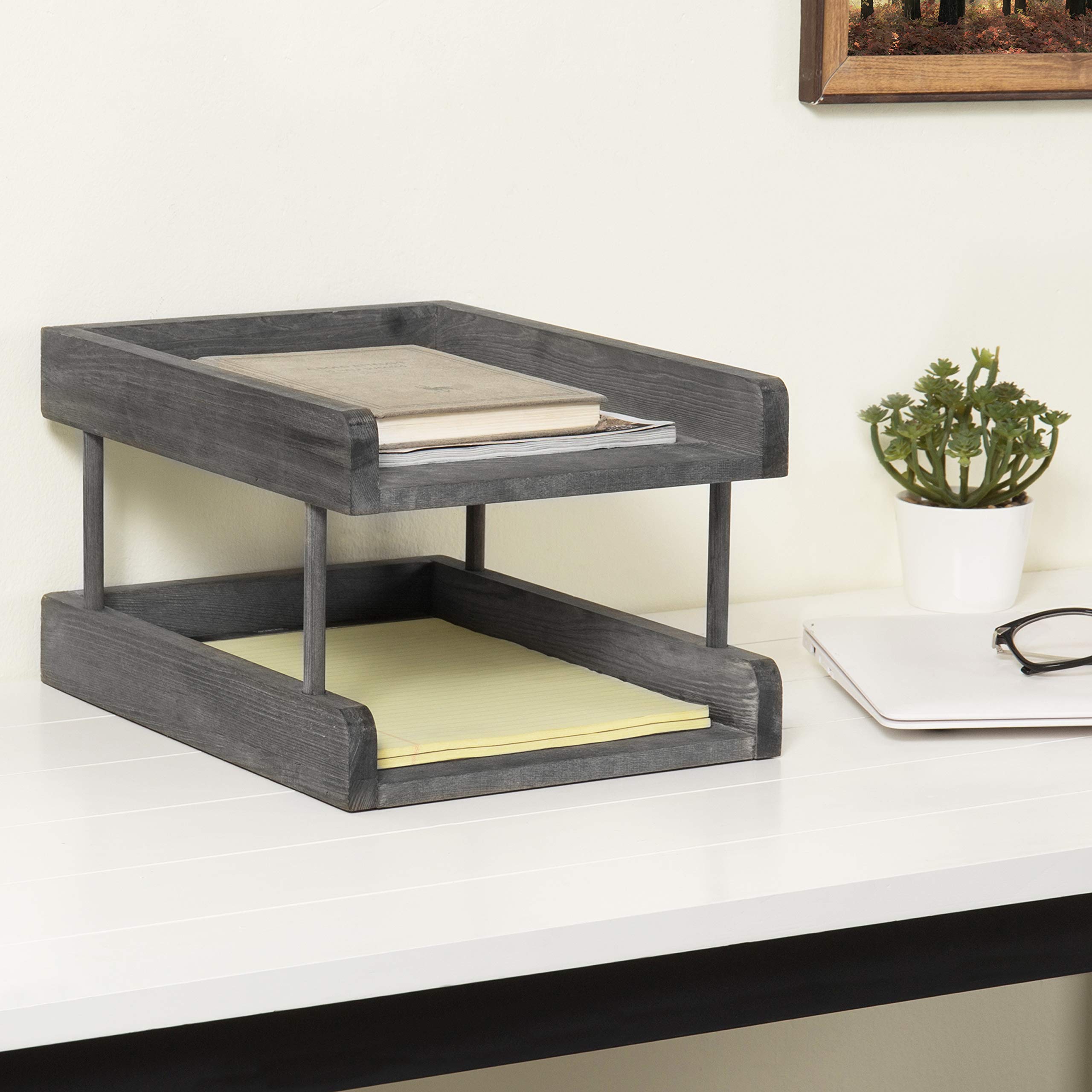 MyGift - Bandeja organizadora para documentos y archivos de madera rústica de 2 niveles, color gris