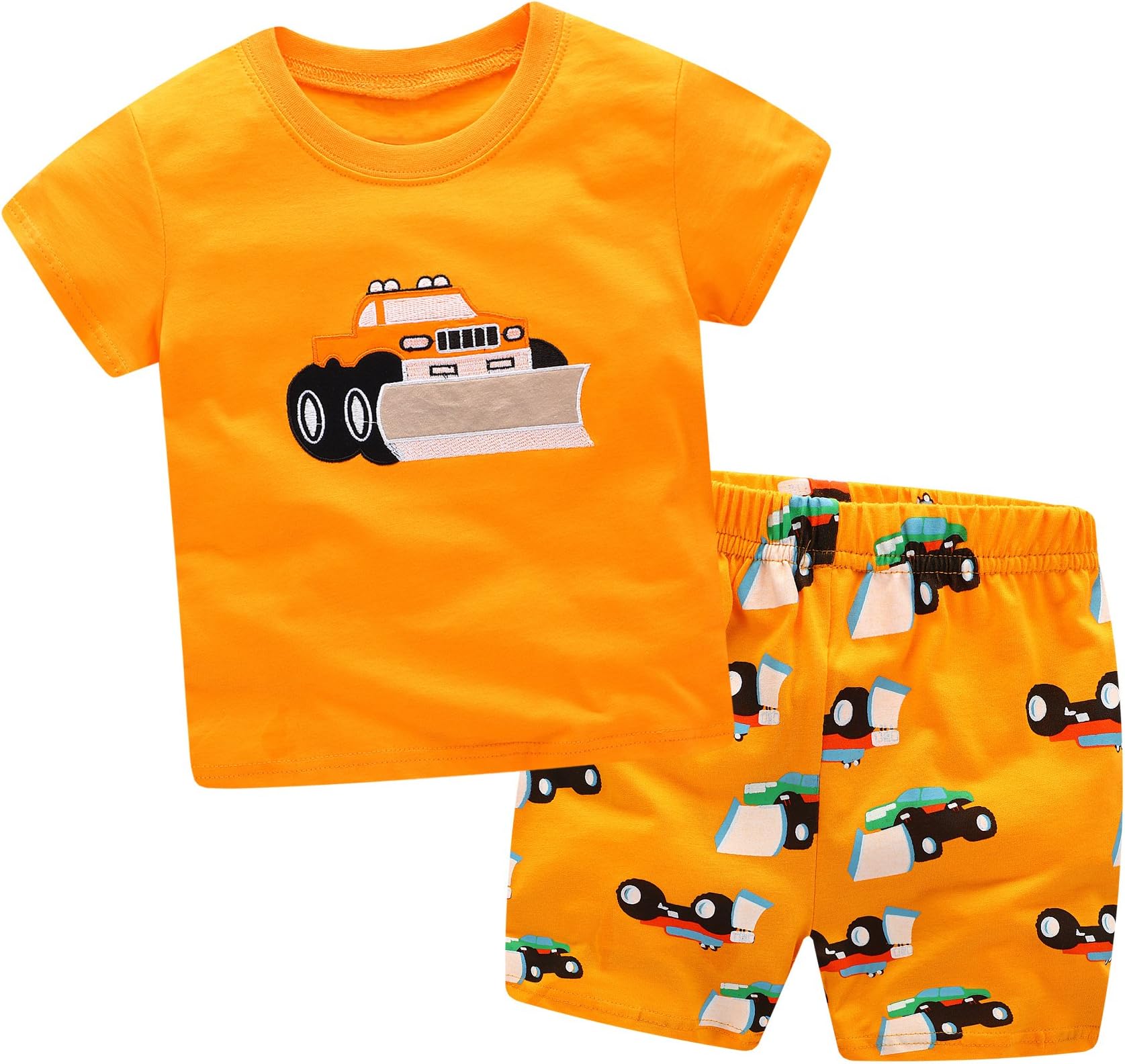 Pajama Short Sets for Boy 2 Piece Outfits Pj Short Set Pjs Sleepwear Nightwear 100% Cotton Short Sleeve T-Shirt Construction Truck Excavator Orange