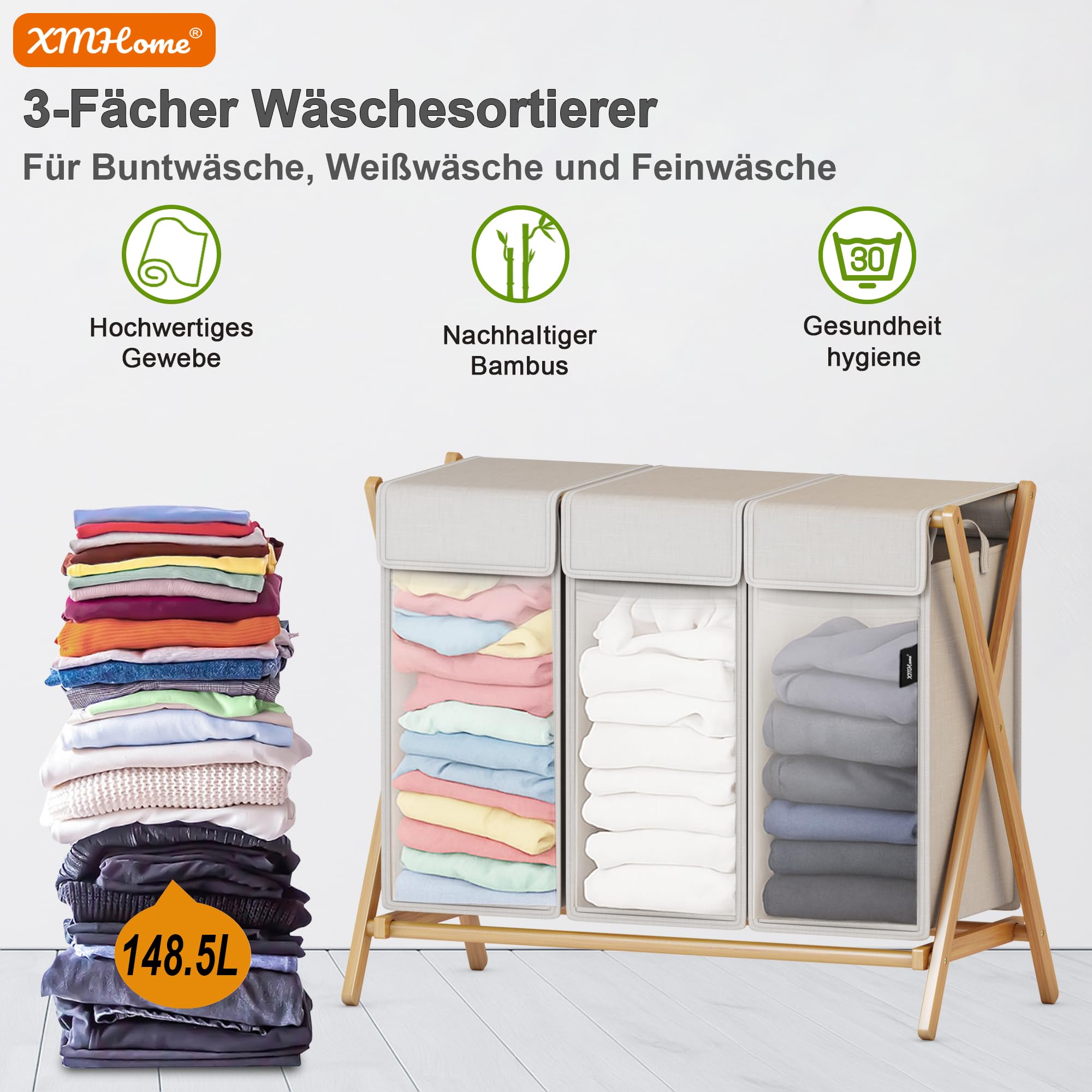 Faltbarer Wäschekorb 148L mit 3 Fächern,Bambus Wäschesammler | X-förmiges Wäsche Sortiersystem mit Deckel & herausnehmbaren Wäschesäcken,Wäschesortierer für Schlafzimmer Grau